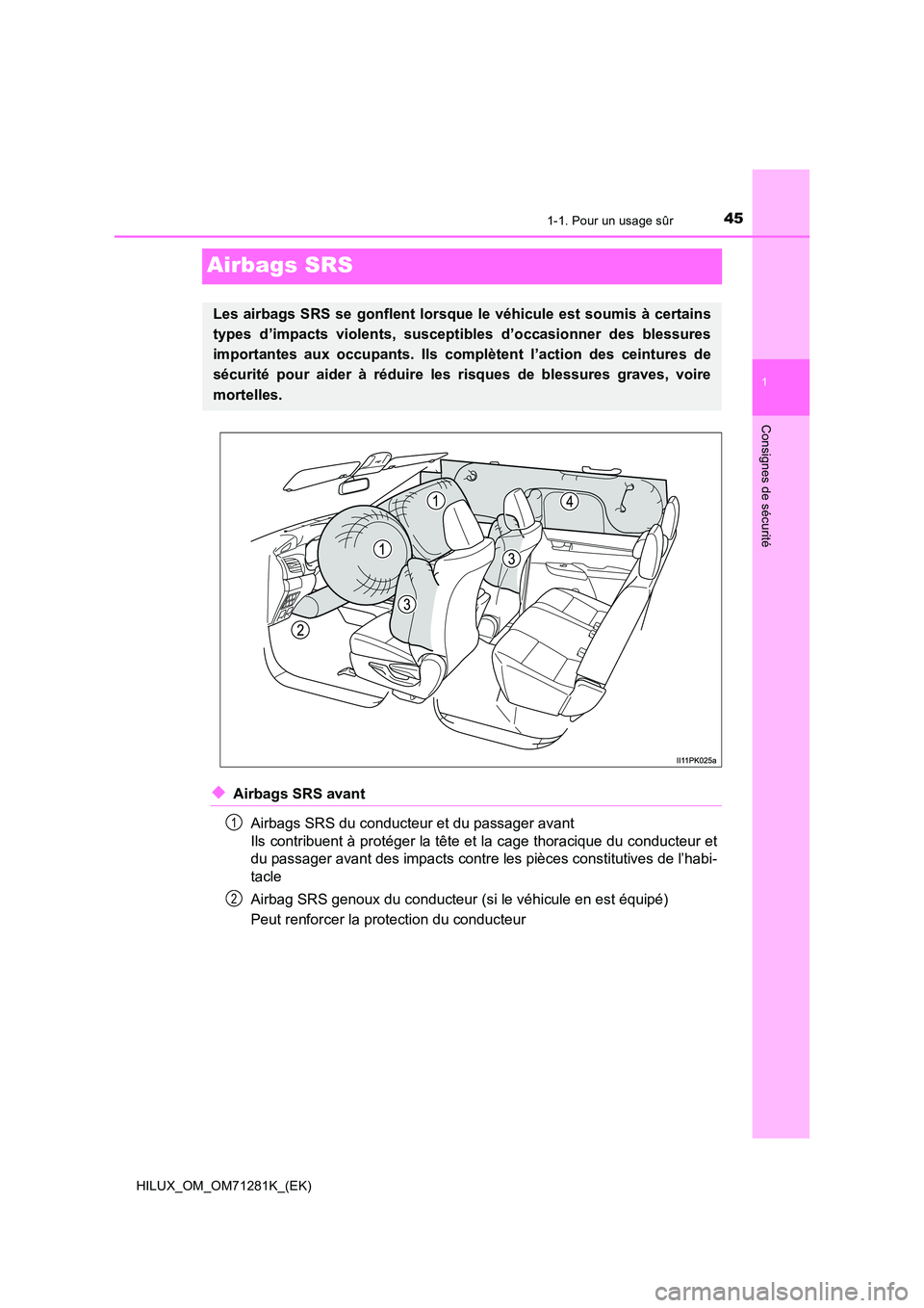 TOYOTA HILUX 2020  Notices Demploi (in French) 451-1. Pour un usage sûr
1
Consignes de sécurité
HILUX_OM_OM71281K_(EK)
Airbags SRS
�XAirbags SRS avant 
Airbags SRS du conducteur et du passager avant 
Ils contribuent à protéger la tête et la 