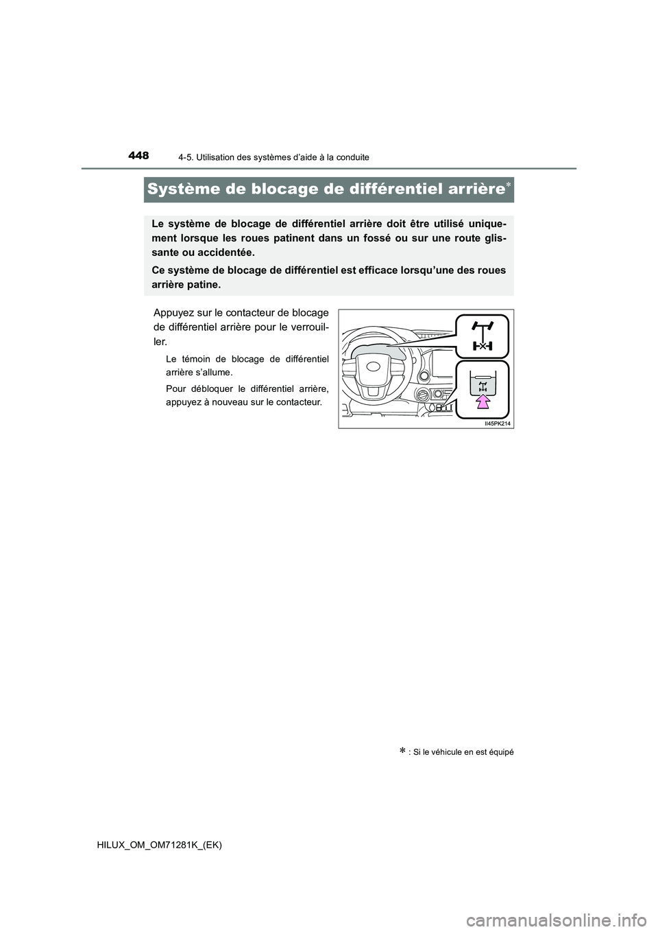TOYOTA HILUX 2020  Notices Demploi (in French) 4484-5. Utilisation des systèmes d’aide à la conduite
HILUX_OM_OM71281K_(EK)
Système de blocage de différentiel arrière
Appuyez sur le contacteur de blocage
de  différentiel  arrière  pour