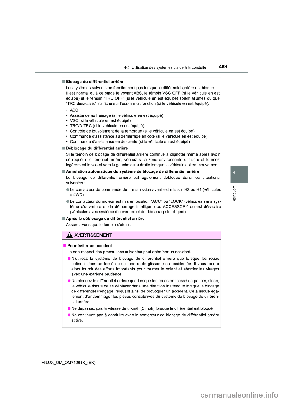 TOYOTA HILUX 2020  Notices Demploi (in French) 4514-5. Utilisation des systèmes d’aide à la conduite
4
Conduite
HILUX_OM_OM71281K_(EK)
�QBlocage du différentiel arrière 
Les systèmes suivants ne fonctionnent pas lorsque le différenti el ar