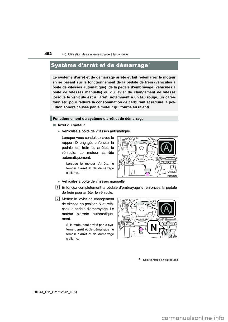 TOYOTA HILUX 2020  Notices Demploi (in French) 4524-5. Utilisation des systèmes d’aide à la conduite
HILUX_OM_OM71281K_(EK)
Système d’arrêt et de démarrage
 QArrêt du moteur
Véhicules à boîte de vitesses automatique
Lorsque vous