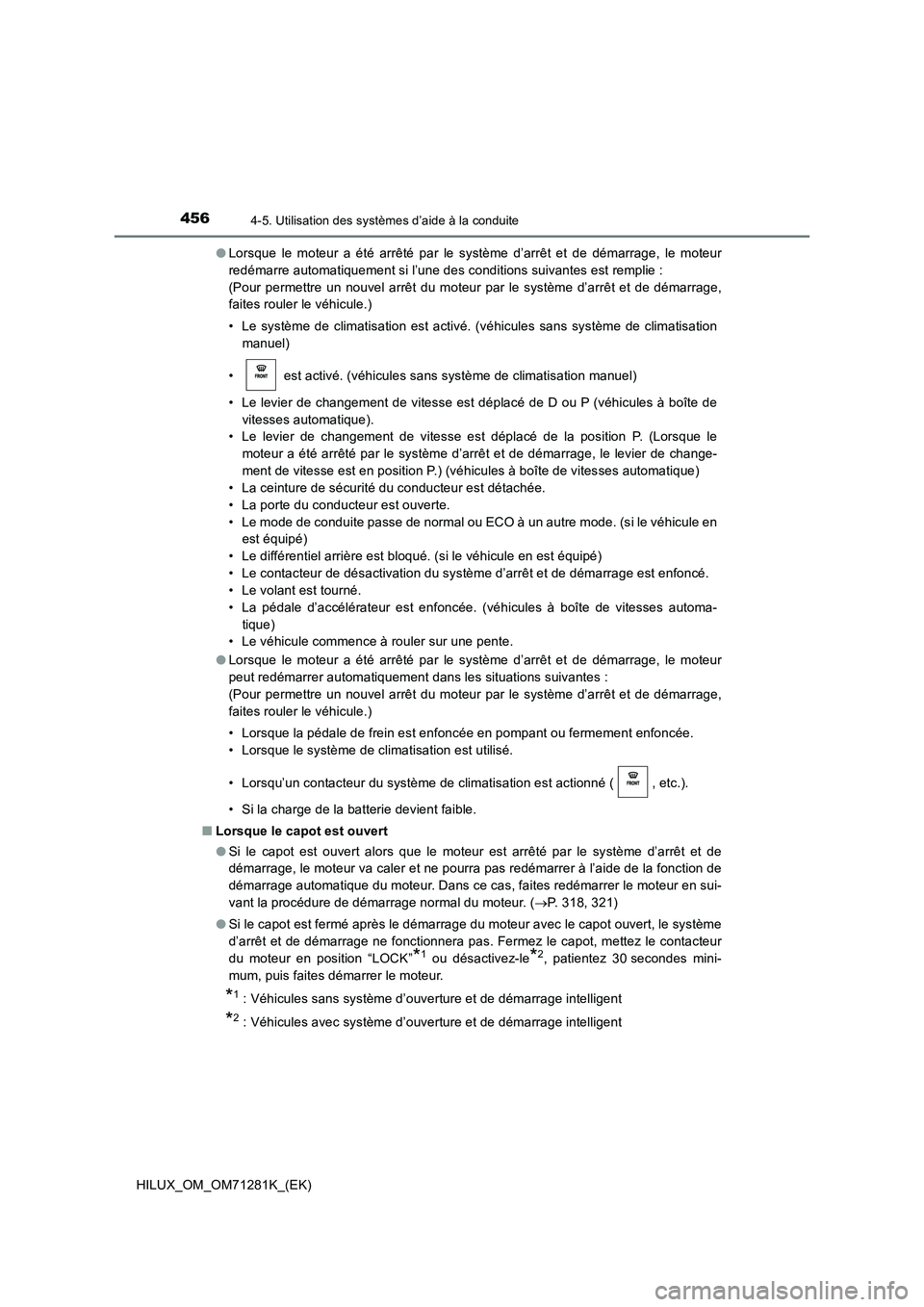 TOYOTA HILUX 2020  Notices Demploi (in French) 4564-5. Utilisation des systèmes d’aide à la conduite
HILUX_OM_OM71281K_(EK) OLorsque  le  moteur  a  été  arrêté  par  le  système  d’arrêt  et  de  démarrage,  le  moteur
redémarre aut