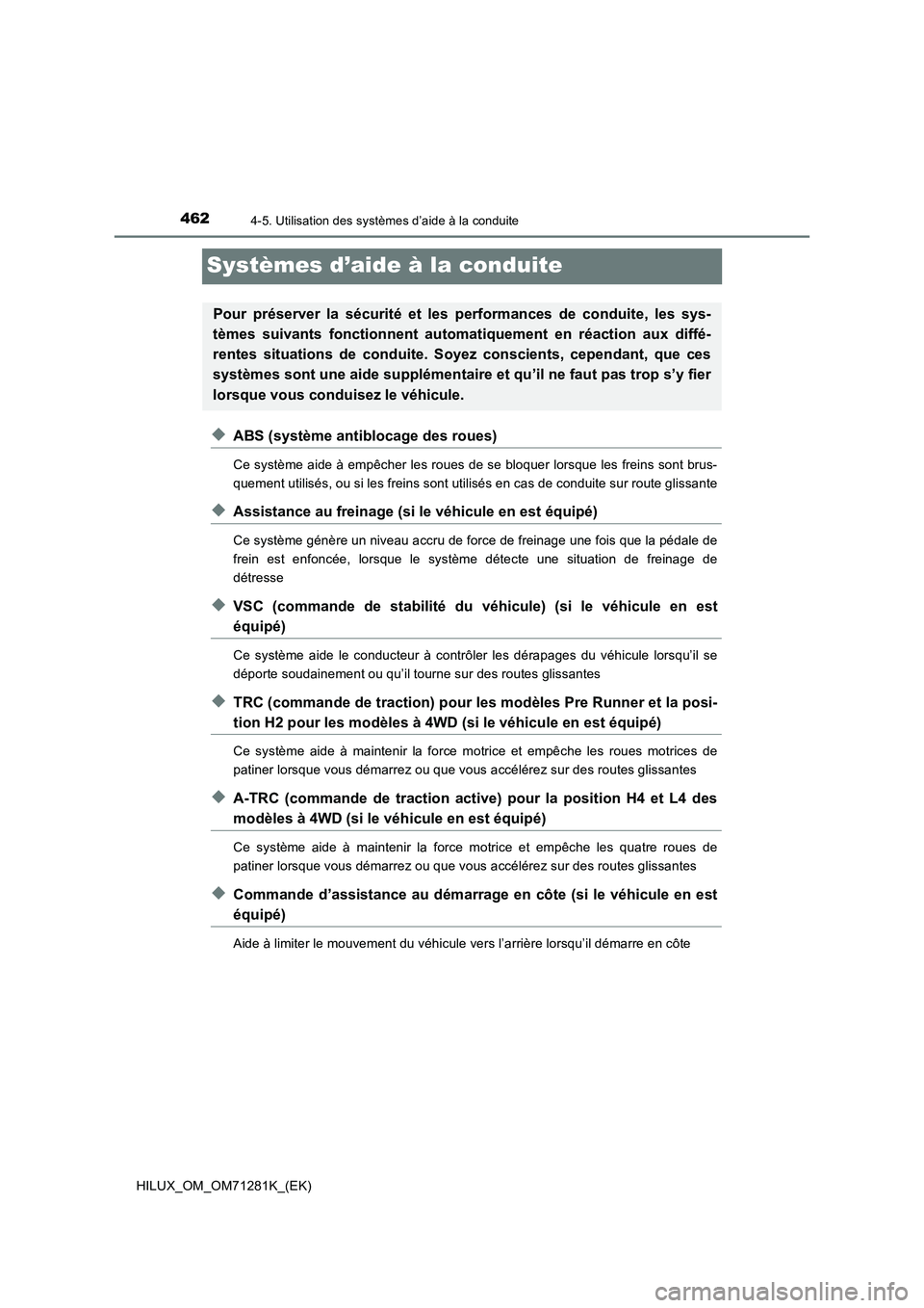 TOYOTA HILUX 2020  Notices Demploi (in French) 4624-5. Utilisation des systèmes d’aide à la conduite
HILUX_OM_OM71281K_(EK)
Systèmes d’aide à la conduite
�XABS (système antiblocage des roues)
Ce système aide à empêcher les roues de se 