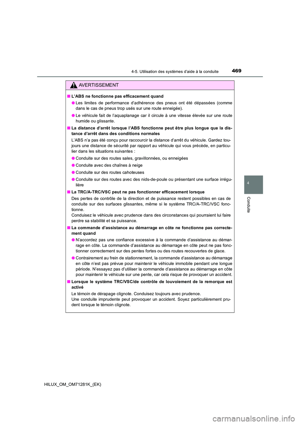 TOYOTA HILUX 2020  Notices Demploi (in French) 4694-5. Utilisation des systèmes d’aide à la conduite
4
Conduite
HILUX_OM_OM71281K_(EK)
AVERTISSEMENT
 QL’ABS ne fonctionne pas efficacement quand 
 O Les  limites  de  performance  d’adhéren