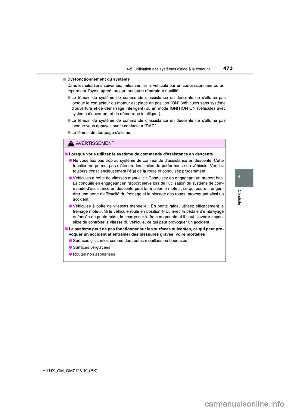 TOYOTA HILUX 2020  Notices Demploi (in French) 4734-5. Utilisation des systèmes d’aide à la conduite
4
Conduite
HILUX_OM_OM71281K_(EK) 
 Q Dysfonctionnement du système 
Dans les situations suivantes, faites vérifier le véhicule par  un conc