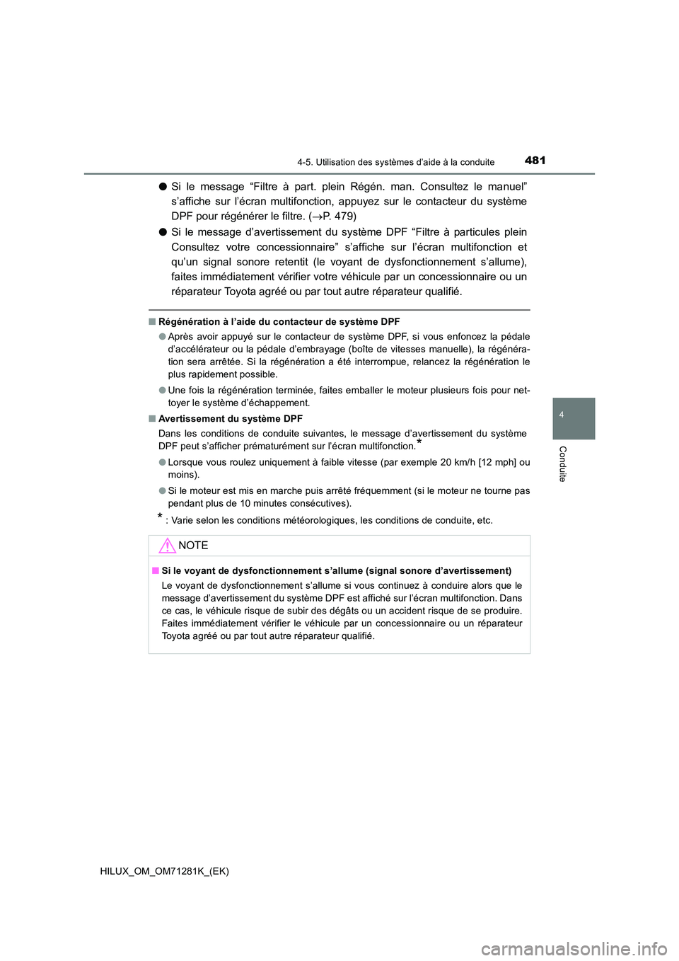 TOYOTA HILUX 2020  Notices Demploi (in French) 4814-5. Utilisation des systèmes d’aide à la conduite
4
Conduite
HILUX_OM_OM71281K_(EK)
 OSi  le  message  “Filtre  à  part.  plein  Régén.  man.  Consultez  le  manuel” 
s’affiche  sur  