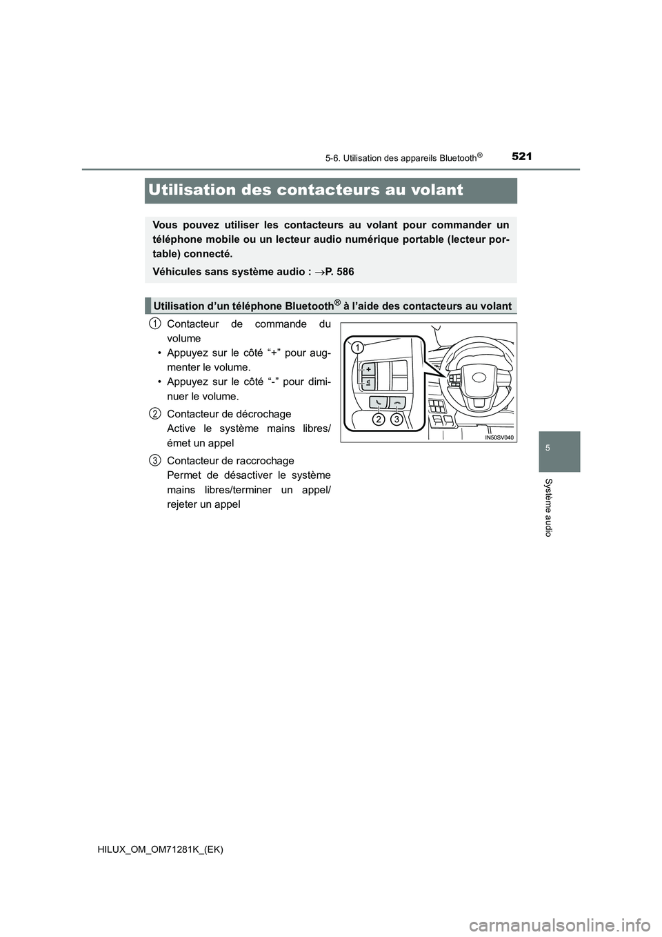 TOYOTA HILUX 2020 Notices Demploi (in French) 521
5
5-6. Utilisation des appareils Bluetooth®
Système audio
HILUX_OM_OM71281K_(EK)
Utilisation des contacteurs au volant
Contacteur de commande du
volume
• Appuyez sur le côté “+” TOYOTA HILUX 2020 Notices Demploi (in French) 521
5
5-6. Utilisation des appareils Bluetooth®
Système audio
HILUX_OM_OM71281K_(EK)
Utilisation des contacteurs au volant
Contacteur de commande du
volume
• Appuyez sur le côté “+”