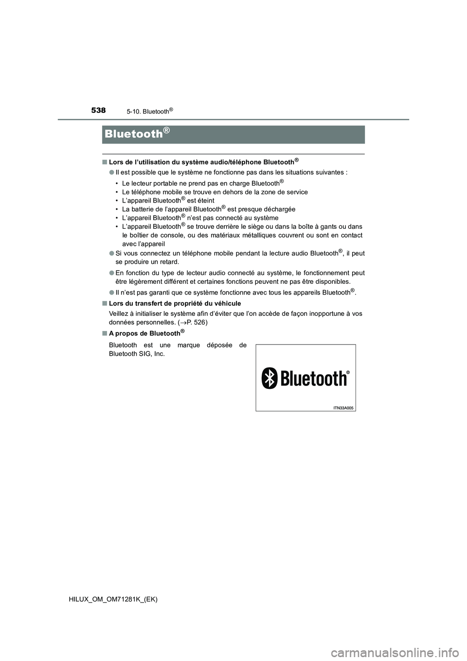 TOYOTA HILUX 2020  Notices Demploi (in French) 5385-10. Bluetooth®
HILUX_OM_OM71281K_(EK)
Bluetooth®
�QLors de l’utilisation du système audio/téléphone Bluetooth®
�OIl est possible que le système ne fonctionne pas dans les situations suiv