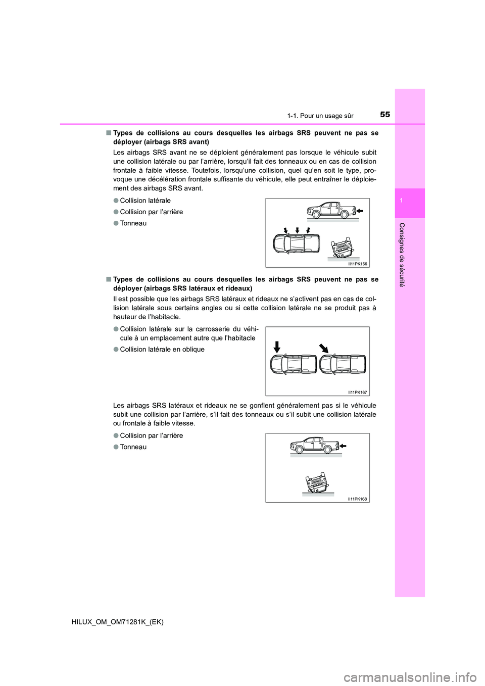 TOYOTA HILUX 2020  Notices Demploi (in French) 551-1. Pour un usage sûr
1
HILUX_OM_OM71281K_(EK)
Consignes de sécurité
�QTypes  de  collisions  au  cours  desquelles  les  airbags  SRS  peuvent  ne  pas  se 
déployer (airbags SRS avant) 
Les  