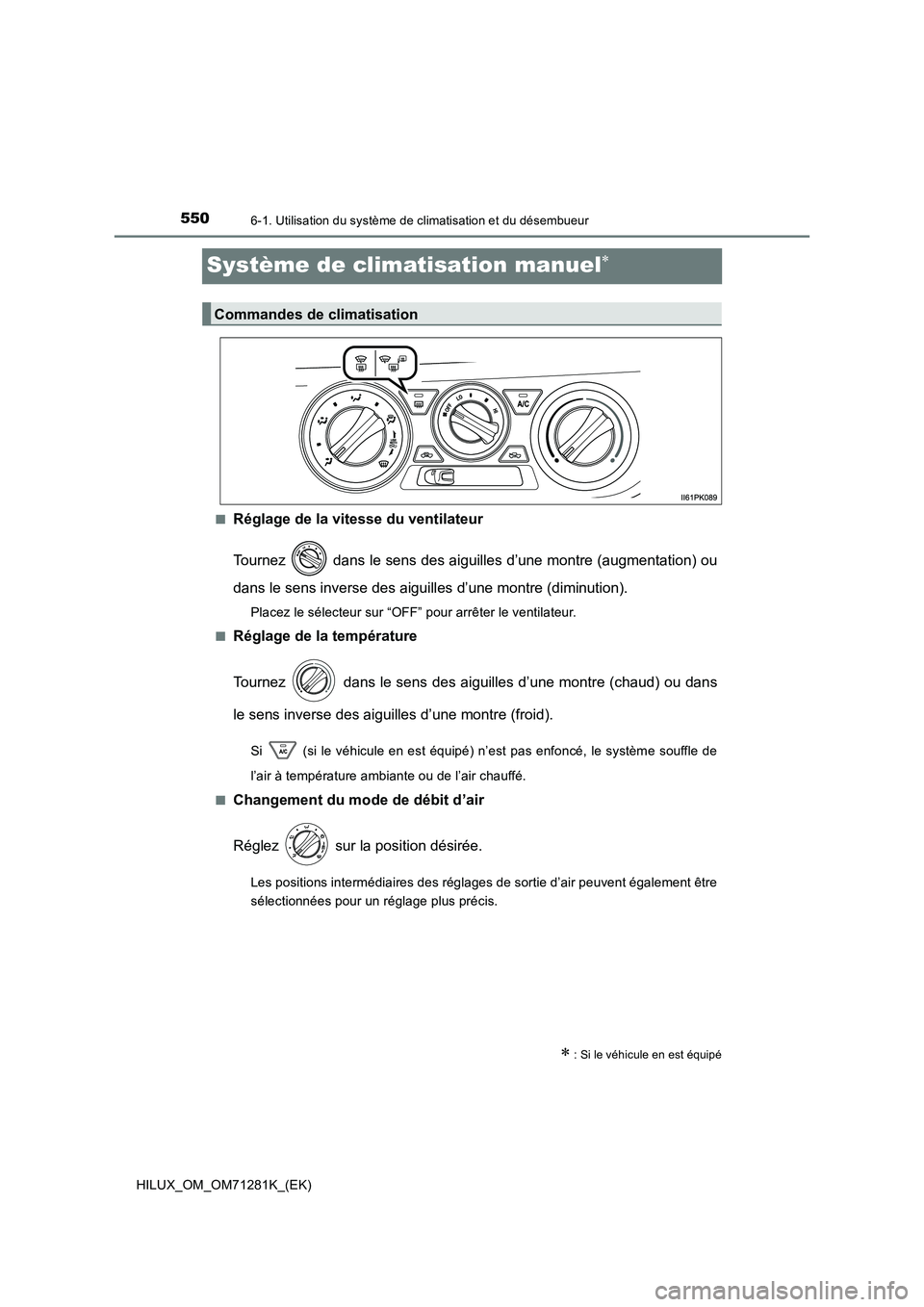 TOYOTA HILUX 2020  Notices Demploi (in French) 5506-1. Utilisation du système de climatisation et du désembueur
HILUX_OM_OM71281K_(EK)
Système de climatisation manuel
 QRéglage de la vitesse du ventilateur 
Tournez   dans le sens des aiguil
