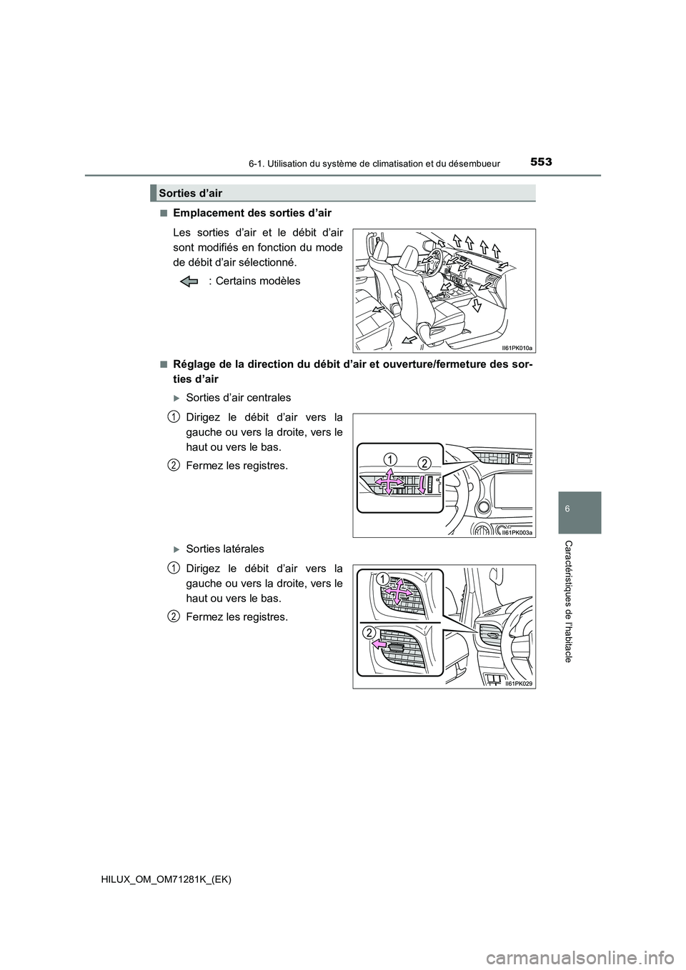 TOYOTA HILUX 2020  Notices Demploi (in French) 5536-1. Utilisation du système de climatisation et du désembueur
6
Caractéristiques de l’habitacle
HILUX_OM_OM71281K_(EK) Q
Emplacement des sorties d’air
Les  sorties  d’air  et  le  débit  