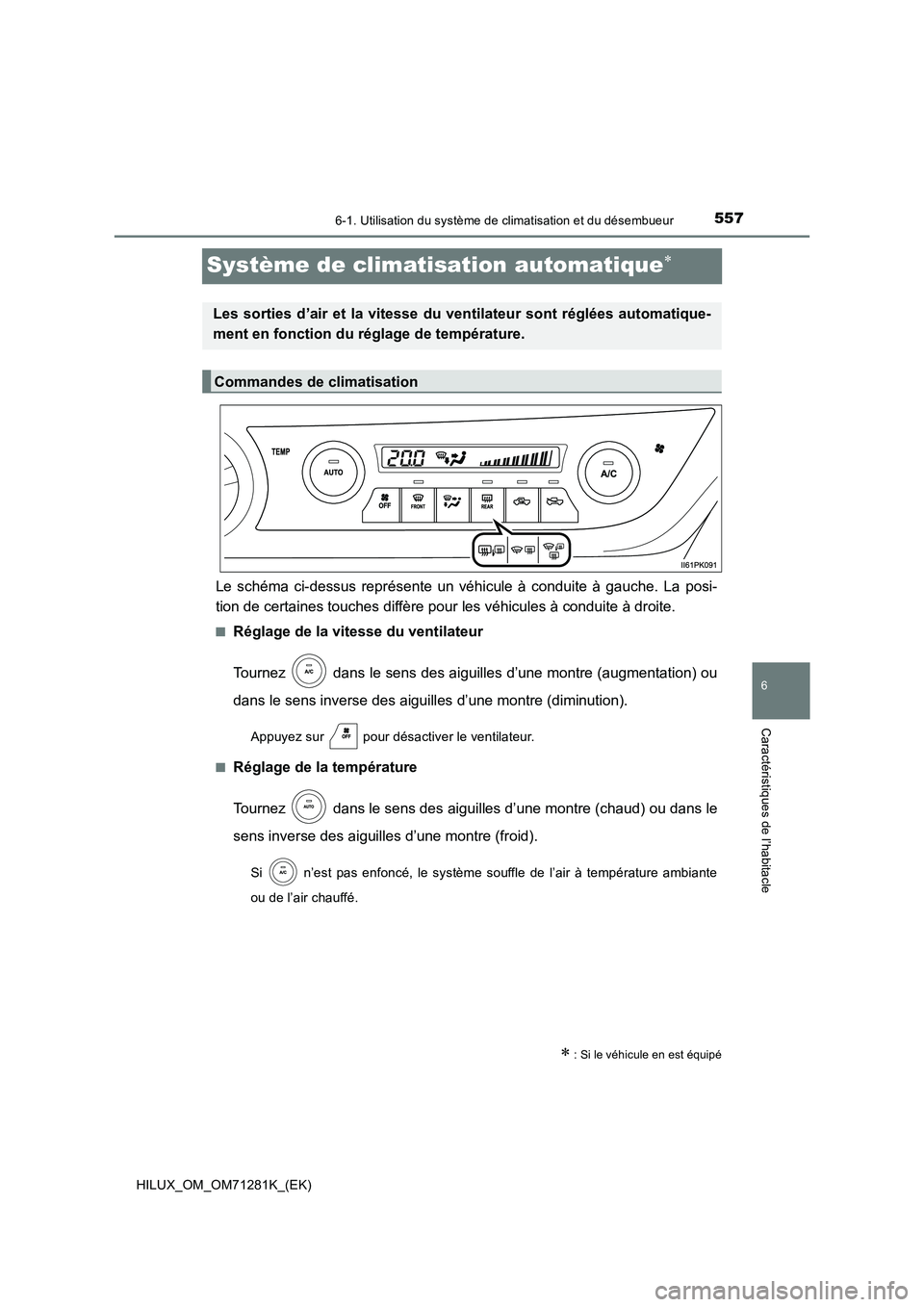 TOYOTA HILUX 2020  Notices Demploi (in French) 5576-1. Utilisation du système de climatisation et du désembueur
HILUX_OM_OM71281K_(EK)
6
Caractéristiques de l’habitacle
Système de climatisation automatique
Le  schéma  ci-dessus  représe