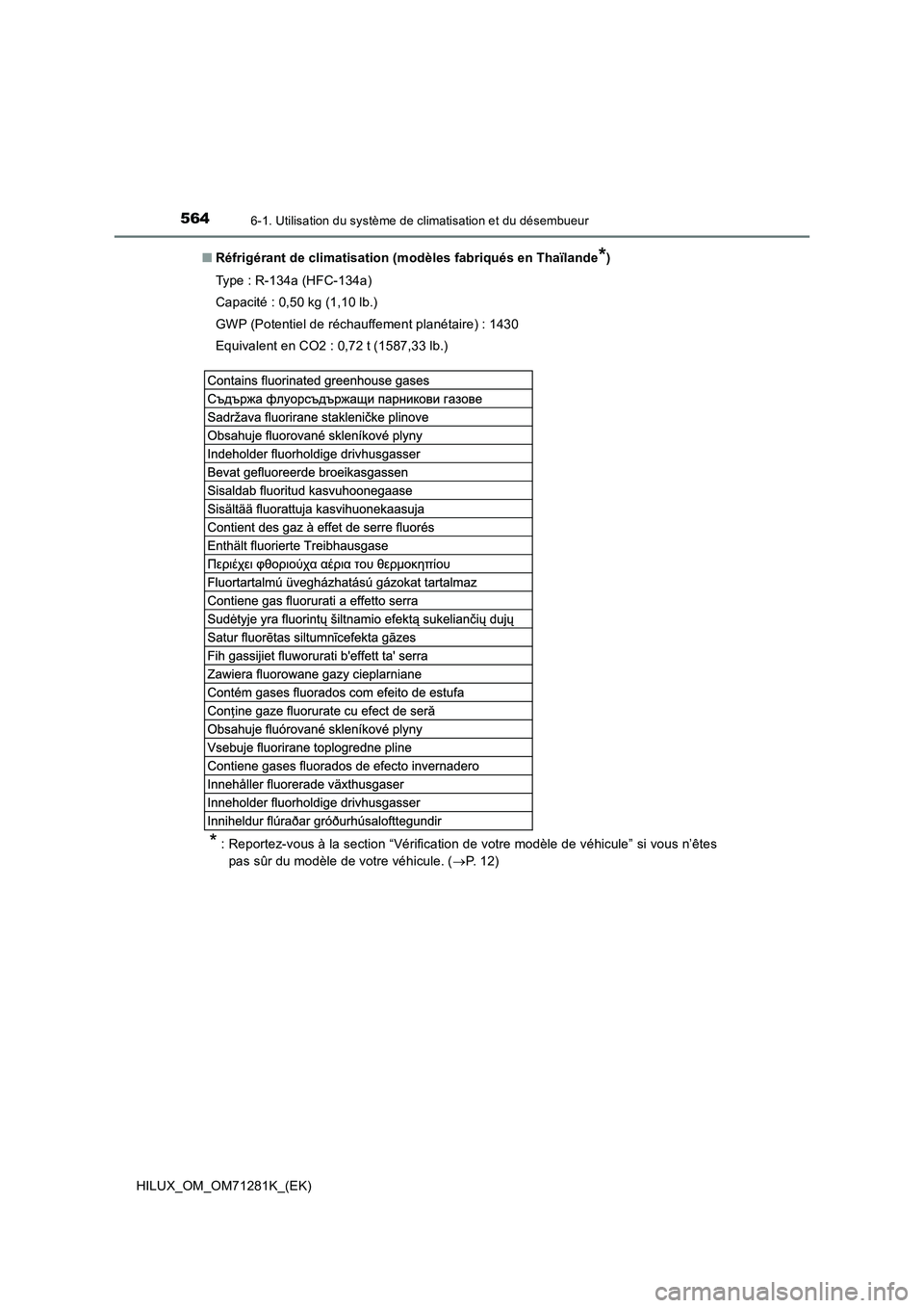 TOYOTA HILUX 2020  Notices Demploi (in French) 5646-1. Utilisation du système de climatisation et du désembueur
HILUX_OM_OM71281K_(EK)�QRéfrigérant de climatisation (modèles fabriqués en Thaïlande
*)
Type : R-134a (HFC-134a)
Capacité : 0,5