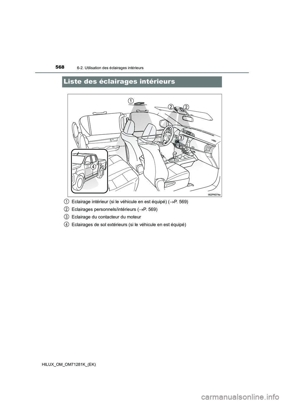 TOYOTA HILUX 2020  Notices Demploi (in French) 5686-2. Utilisation des éclairages intérieurs
HILUX_OM_OM71281K_(EK)
Liste des éclairages intérieurs
Eclairage intérieur (si le véhicule en est équipé) (P. 569)
Eclairages personnels/intér