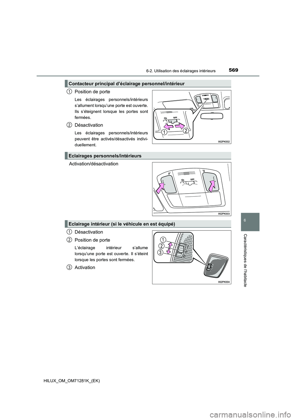 TOYOTA HILUX 2020  Notices Demploi (in French) 5696-2. Utilisation des éclairages intérieurs
HILUX_OM_OM71281K_(EK)
6
Caractéristiques de l’habitacle
Position de porte
Les  éclairages  personnels/intérieurs
s’allument lorsqu’une porte e