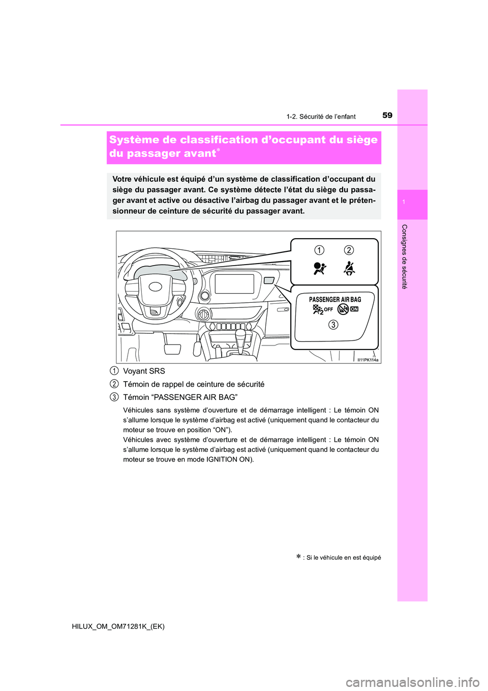 TOYOTA HILUX 2020  Notices Demploi (in French) 591-2. Sécurité de l’enfant
1
HILUX_OM_OM71281K_(EK)
Consignes de sécurité
Système de classification d’occupant du siège  
du passager avant
Voyant SRS 
Témoin de rappel de ceinture de s