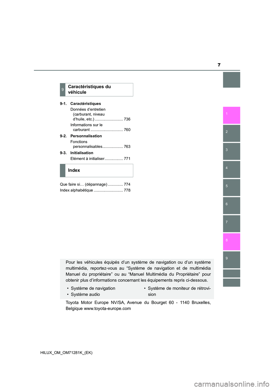 TOYOTA HILUX 2020  Notices Demploi (in French) 7
1 
9 
8 
6 
5
4
3
2
HILUX_OM_OM71281K_(EK)
7
9-1. Caractéristiques 
Données d’entretien  
(carburant, niveau  
d’huile, etc.) .......................... 736 
Informations sur le  
carburant ..