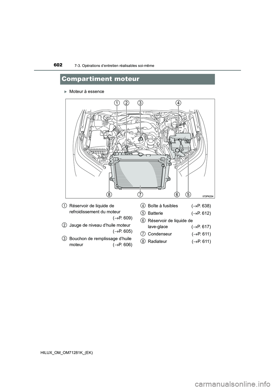 TOYOTA HILUX 2020  Notices Demploi (in French) 6027-3. Opérations d’entretien réalisables soi-même
HILUX_OM_OM71281K_(EK)
Compar timent moteur
Moteur à essence
Réservoir de liquide de  
refroidissement du moteur  
( P. 609) 
Jauge de 