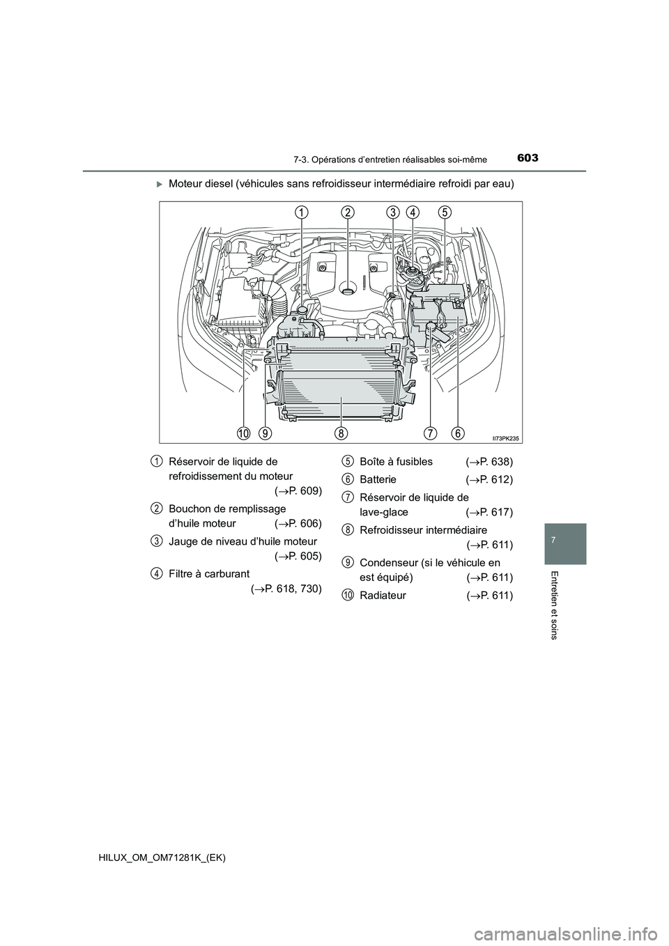 TOYOTA HILUX 2020  Notices Demploi (in French) 6037-3. Opérations d’entretien réalisables soi-même
HILUX_OM_OM71281K_(EK)
7
Entretien et soins
Moteur diesel (véhicules sans refroidisseur intermédiaire refroidi par eau)
Réservoir de liqu