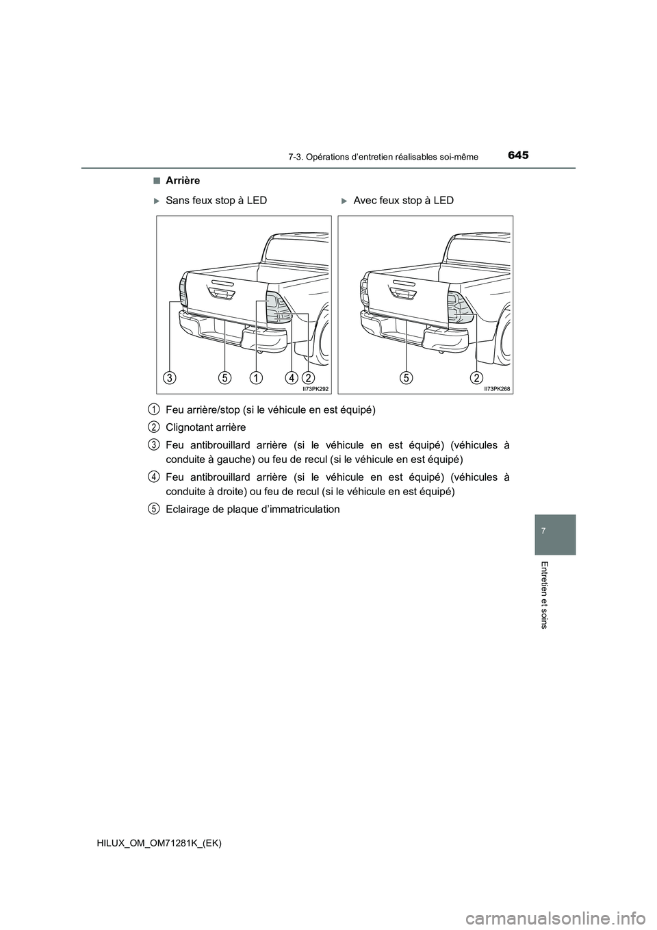 TOYOTA HILUX 2020  Notices Demploi (in French) 6457-3. Opérations d’entretien réalisables soi-même
HILUX_OM_OM71281K_(EK)
7
Entretien et soins
�QArrière
Feu arrière/stop (si le véhicule en est équipé)
Clignotant arrière
Feu  antibrouill