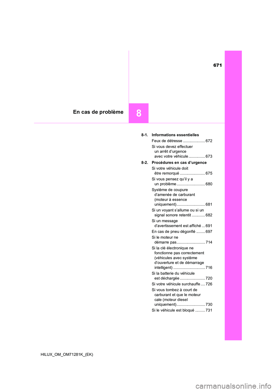TOYOTA HILUX 2020  Notices Demploi (in French) 671
8En cas de problème
HILUX_OM_OM71281K_(EK) 
8-1. Informations essentielles 
Feux de détresse .................... 672 
Si vous devez effectuer  
un arrêt d’urgence  
avec votre véhicule ....