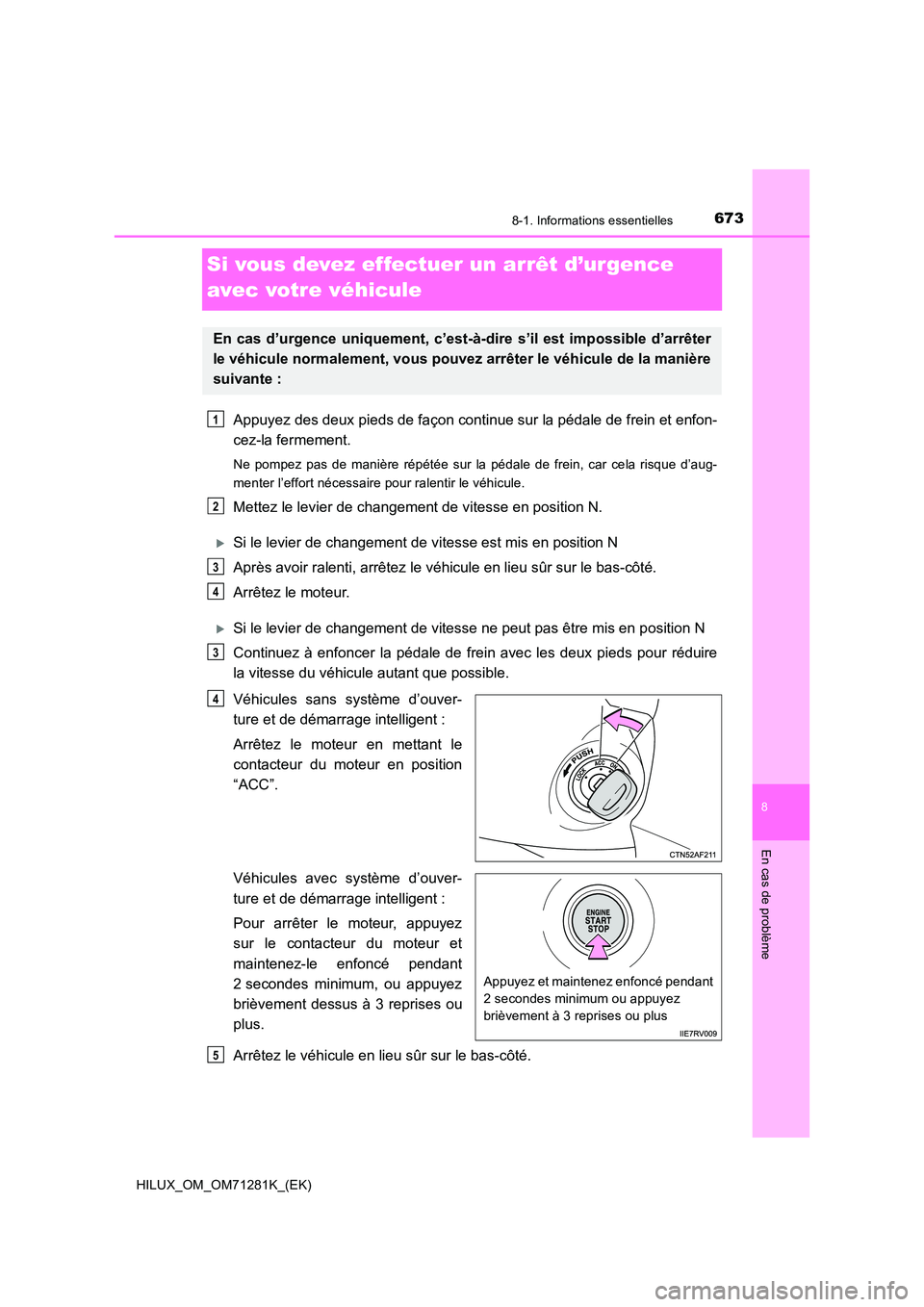 TOYOTA HILUX 2020  Notices Demploi (in French) 6738-1. Informations essentielles
HILUX_OM_OM71281K_(EK)
8
En cas de problème
Si vous devez effectuer un arrêt d’urgence  
avec votre véhicule
Appuyez des deux pieds de façon continue sur la pé