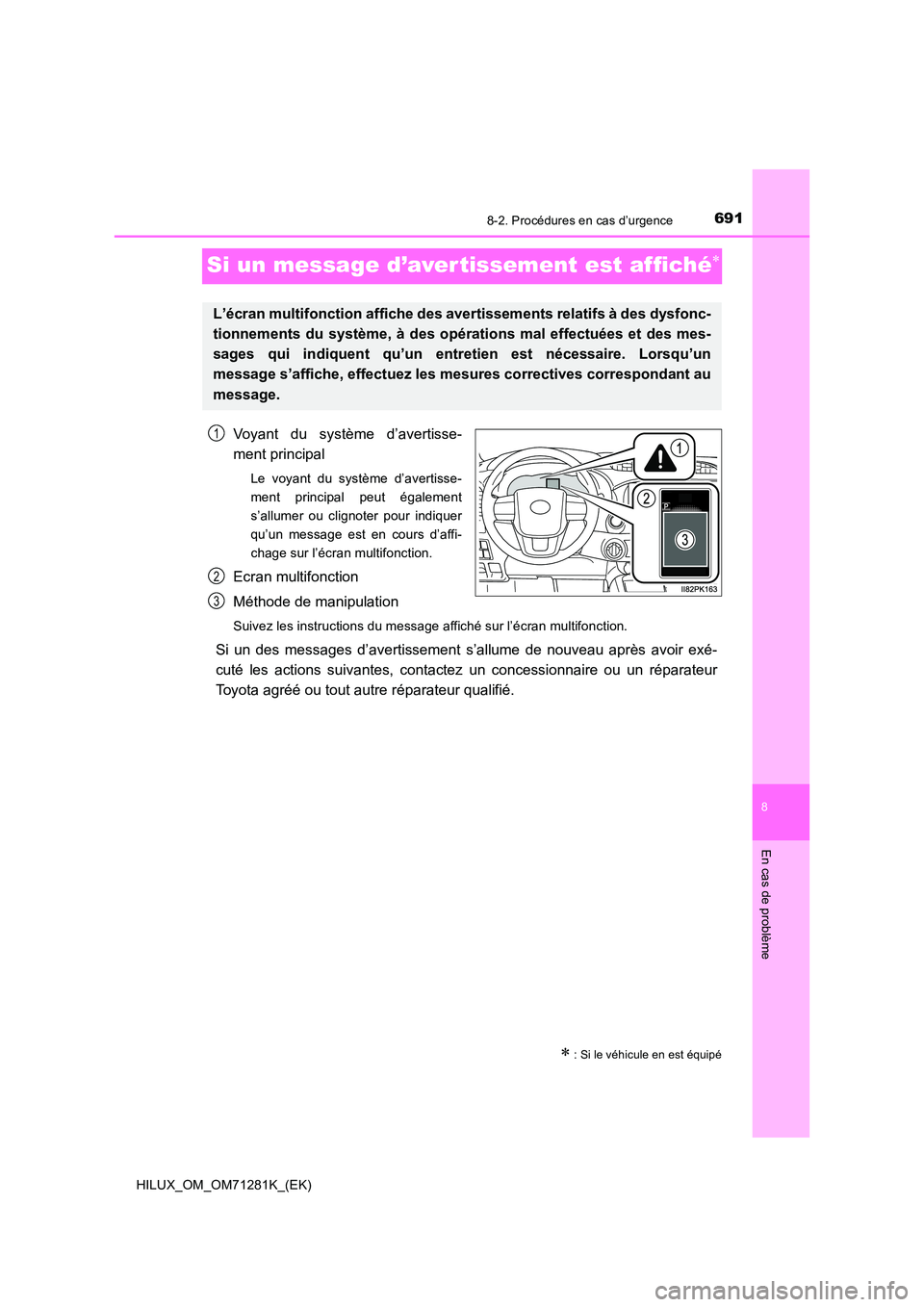 TOYOTA HILUX 2020  Notices Demploi (in French) 6918-2. Procédures en cas d’urgence
HILUX_OM_OM71281K_(EK)
8
En cas de problème
Si un message d’avertissement est affiché
Voyant  du  système  d’avertisse- 
ment principal
Le  voyant  du 
