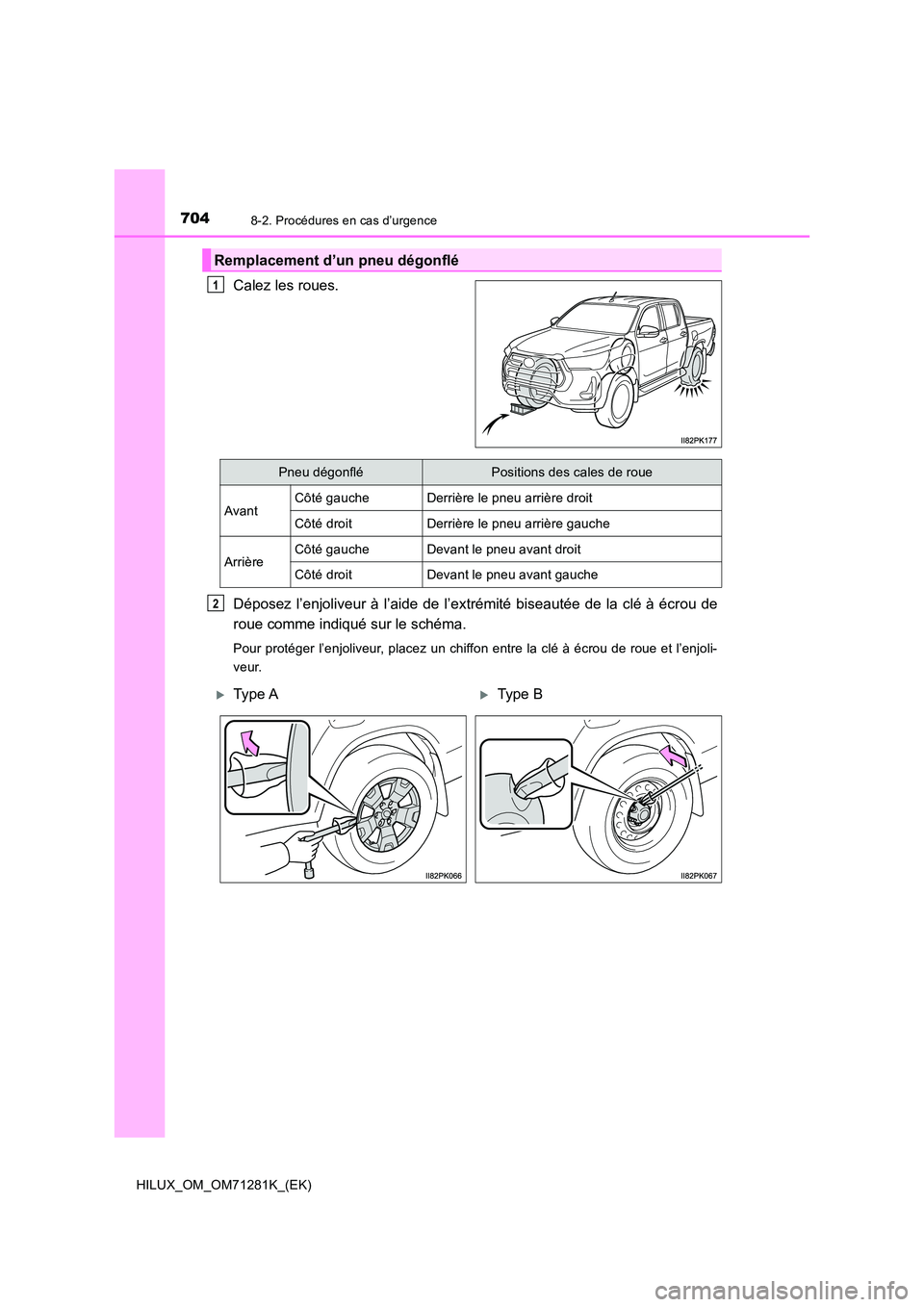 TOYOTA HILUX 2020  Notices Demploi (in French) 7048-2. Procédures en cas d’urgence
HILUX_OM_OM71281K_(EK)
Calez les roues. 
Déposez l’enjoliveur à l’aide de l’extrémité biseautée de la cl é  à  écrou  de 
roue comme indiqué sur l