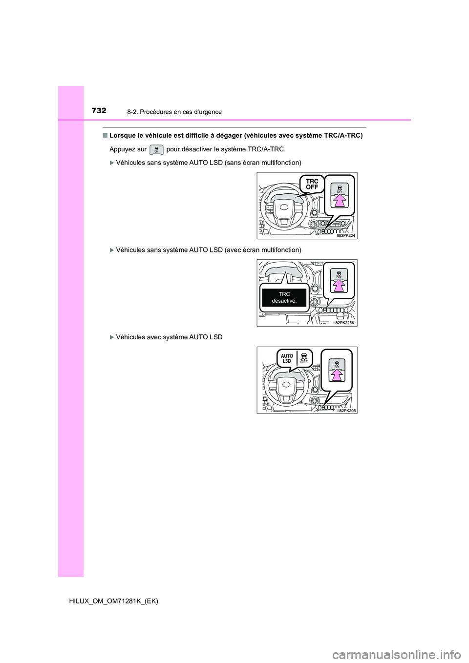 TOYOTA HILUX 2020  Notices Demploi (in French) 7328-2. Procédures en cas d’urgence
HILUX_OM_OM71281K_(EK)
�QLorsque le véhicule est difficile à dégager (véhicules avec système TRC/A-TRC) 
Appuyez sur   pour désactiver le système TRC/A-TR