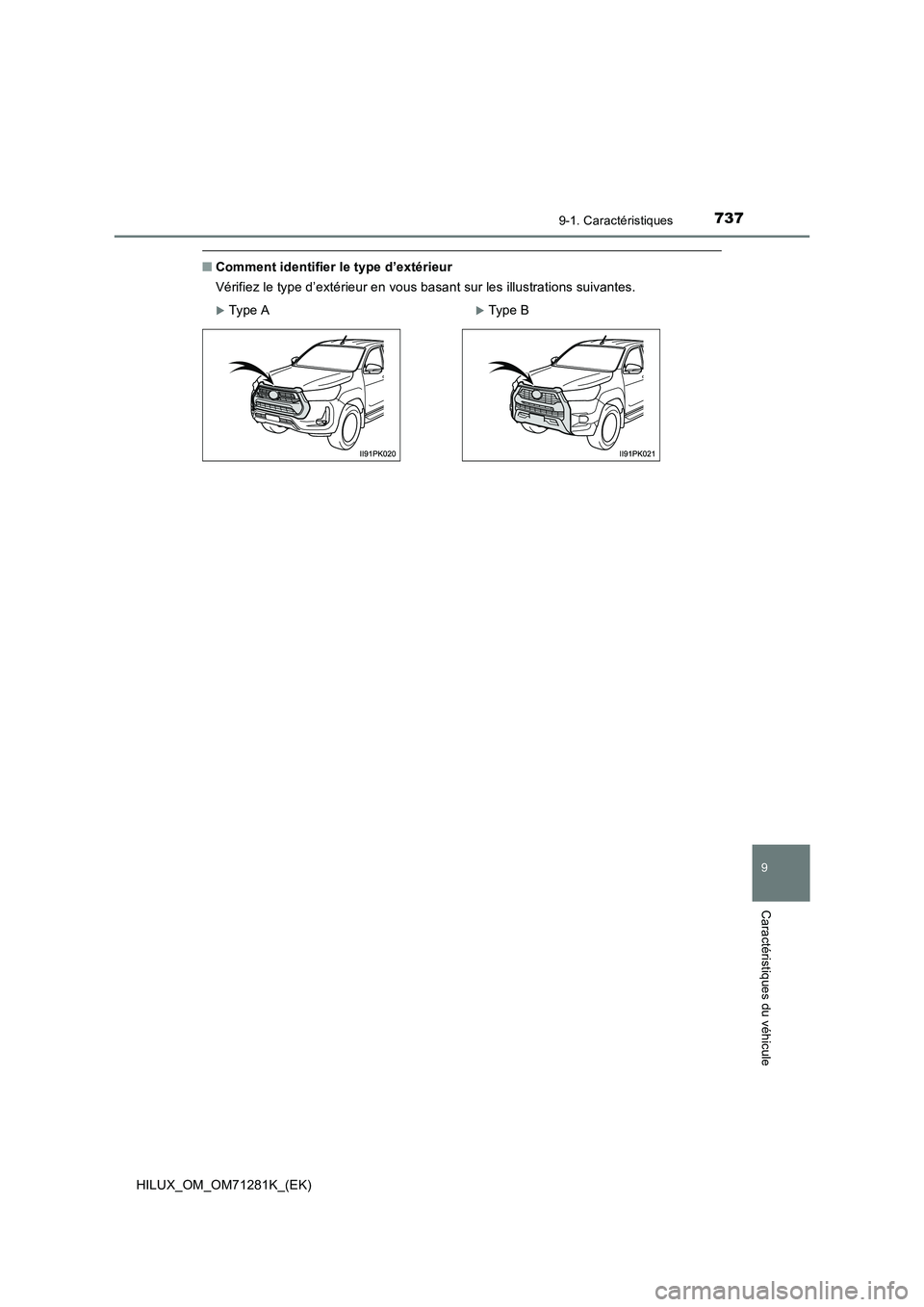 TOYOTA HILUX 2020  Notices Demploi (in French) 737
9
9-1. Caractéristiques
Caractéristiques du véhicule
HILUX_OM_OM71281K_(EK)
�QComment identifier le type d’extérieur
Vérifiez le type d’extérieur en vous basant sur les illustrations sui