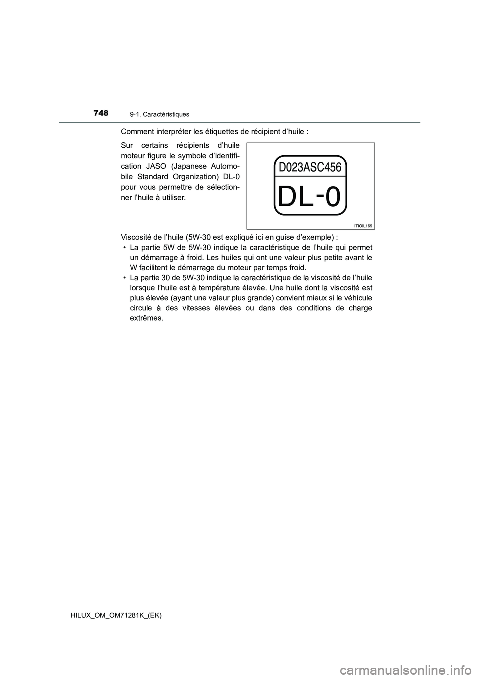 TOYOTA HILUX 2020  Notices Demploi (in French) 7489-1. Caractéristiques
HILUX_OM_OM71281K_(EK)
Comment interpréter les étiquettes de récipient d’huile :
Sur  certains  récipients  d’huile
moteur  figure  le  symbole  d’identifi-
cation 