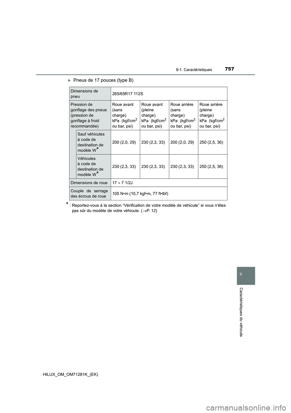 TOYOTA HILUX 2020  Notices Demploi (in French) 757
9
9-1. Caractéristiques
Caractéristiques du véhicule
HILUX_OM_OM71281K_(EK)
Pneus de 17 pouces (type B)
*: Reportez-vous à la section “Vérification de votre modèle de véhicule” si vo TOYOTA HILUX 2020  Notices Demploi (in French) 757
9
9-1. Caractéristiques
Caractéristiques du véhicule
HILUX_OM_OM71281K_(EK)
Pneus de 17 pouces (type B)
*: Reportez-vous à la section “Vérification de votre modèle de véhicule” si vo