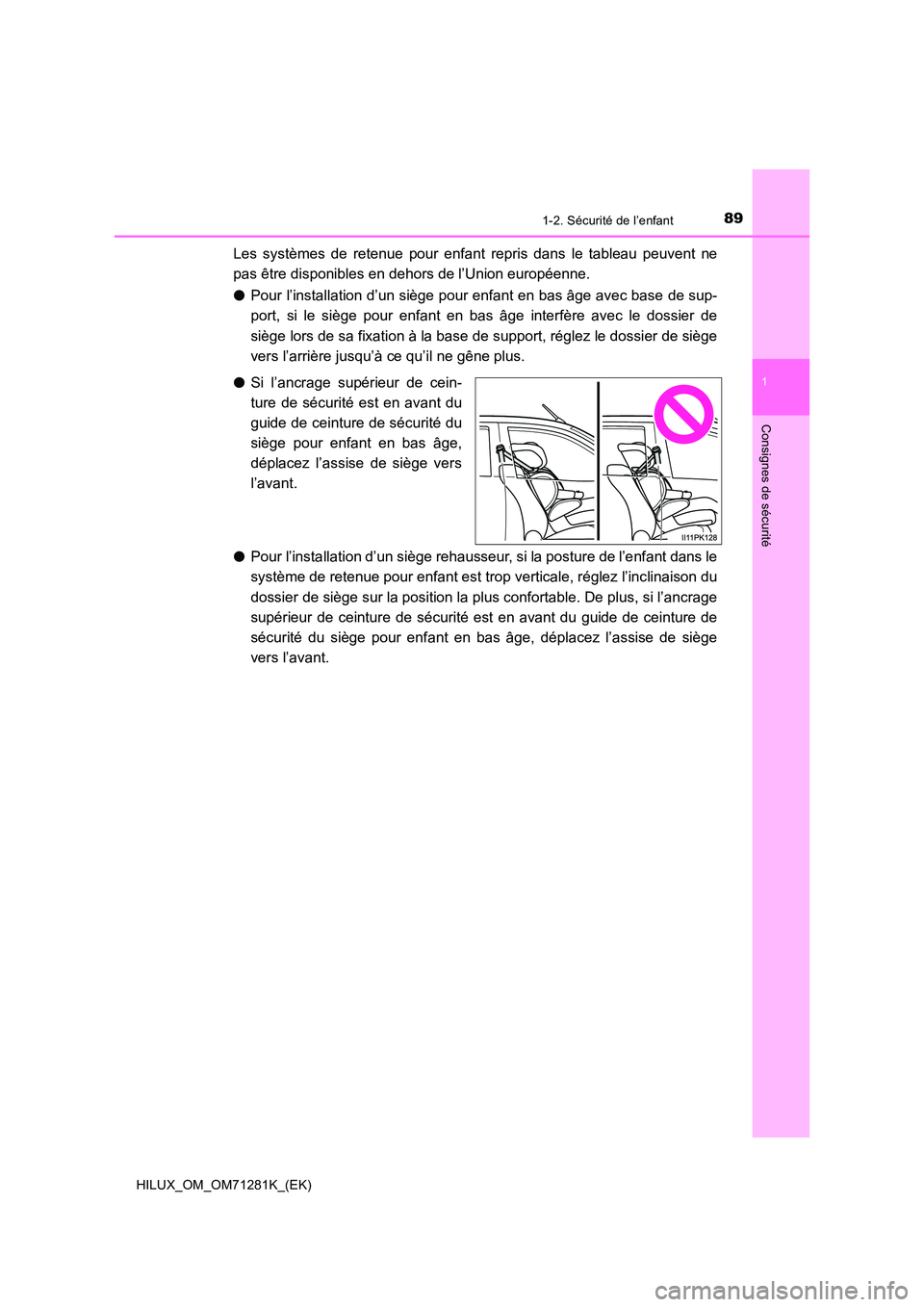 TOYOTA HILUX 2020  Notices Demploi (in French) 891-2. Sécurité de l’enfant
1
HILUX_OM_OM71281K_(EK)
Consignes de sécurité
Les  systèmes  de  retenue  pour  enfant  repris  dans  le  tableau  peuvent  ne 
pas être disponibles en dehors de l