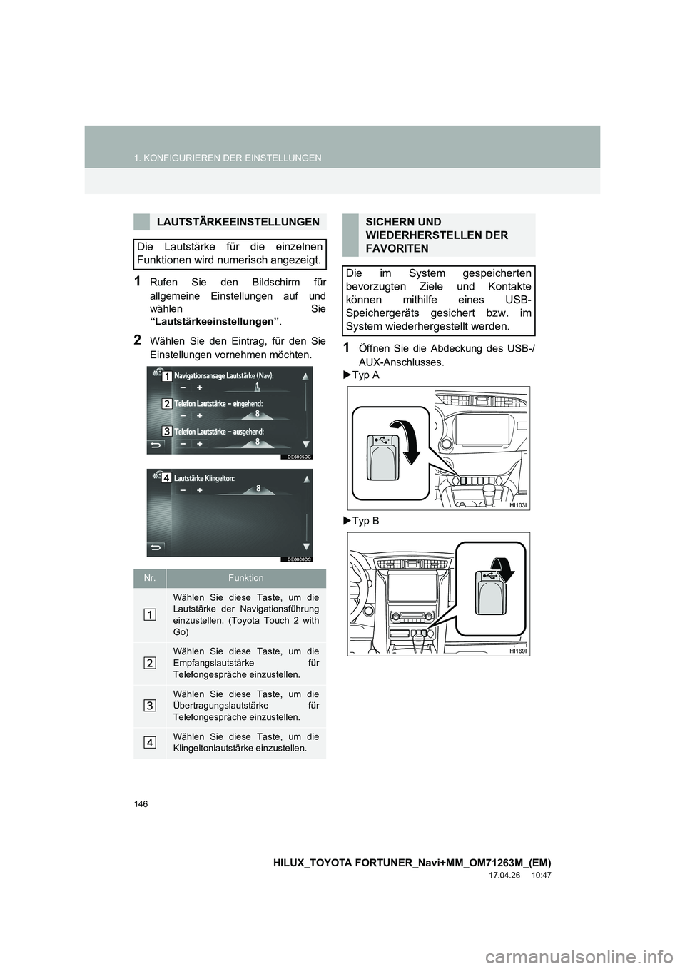 TOYOTA HILUX 2020  Betriebsanleitungen (in German) 146
1. KONFIGURIEREN DER EINSTELLUNGEN
HILUX_TOYOTA FORTUNER_Navi+MM_OM71263M_(EM)
17.04.26     10:47
1Rufen Sie den Bildschirm für
allgemeine Einstellungen auf und
wählen Sie
“Lautstärkeeinstell