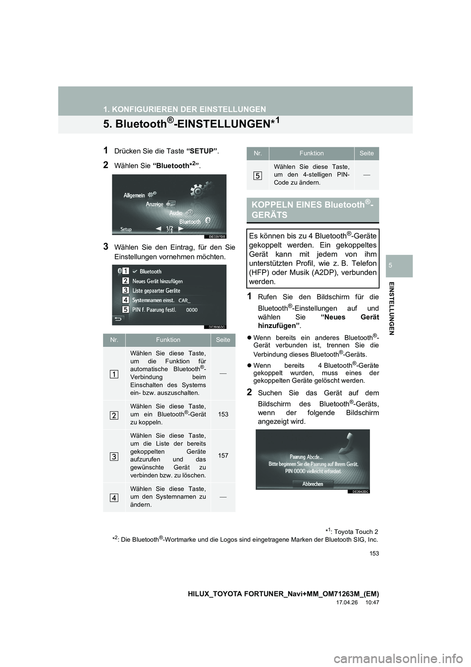 TOYOTA HILUX 2020 Betriebsanleitungen (in German) 153
1. KONFIGURIEREN DER EINSTELLUNGEN
HILUX_TOYOTA FORTUNER_Navi+MM_OM71263M_(EM)
17.04.26 10:47
EINSTELLUNGEN
5
5. Bluetooth®-EINSTELLUNGEN*1
1Drücken Sie die Taste “SETUP”.
2Wählen Sie TOYOTA HILUX 2020 Betriebsanleitungen (in German) 153
1. KONFIGURIEREN DER EINSTELLUNGEN
HILUX_TOYOTA FORTUNER_Navi+MM_OM71263M_(EM)
17.04.26 10:47
EINSTELLUNGEN
5
5. Bluetooth®-EINSTELLUNGEN*1
1Drücken Sie die Taste “SETUP”.
2Wählen Sie