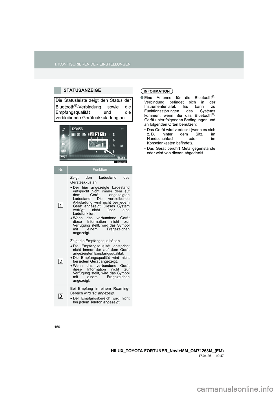 TOYOTA HILUX 2020  Betriebsanleitungen (in German) 156
1. KONFIGURIEREN DER EINSTELLUNGEN
HILUX_TOYOTA FORTUNER_Navi+MM_OM71263M_(EM)
17.04.26     10:47
STATUSANZEIGE
Die Statusleiste zeigt den Status der
Bluetooth
®-Verbindung sowie die
Empfangsqual