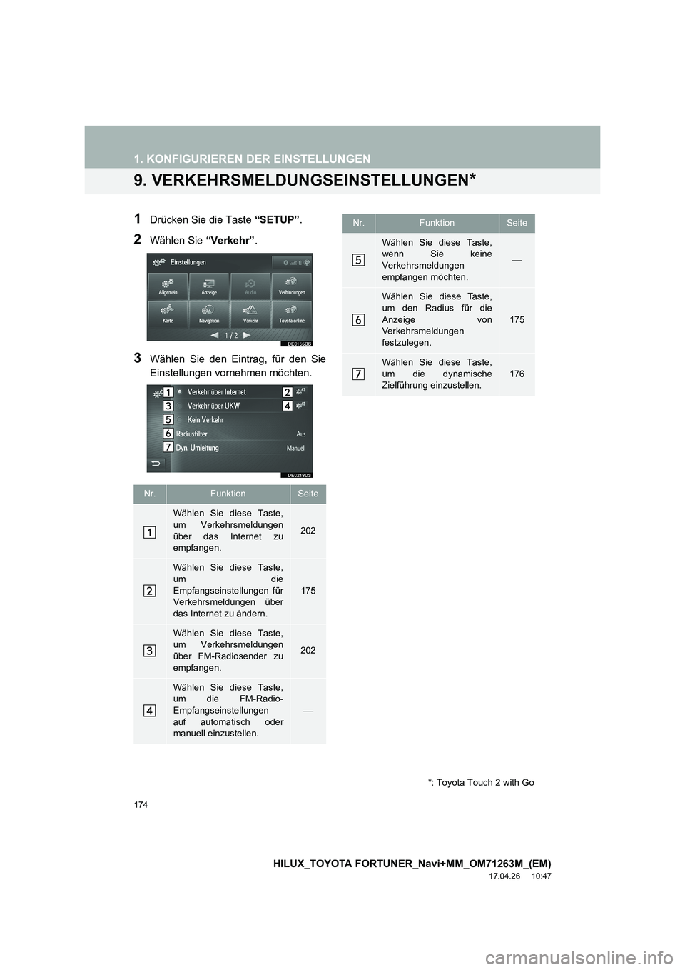 TOYOTA HILUX 2020 Betriebsanleitungen (in German) 174
1. KONFIGURIEREN DER EINSTELLUNGEN
HILUX_TOYOTA FORTUNER_Navi+MM_OM71263M_(EM)
17.04.26 10:47
9. VERKEHRSMELDUNGSEINSTELLUNGEN*
1Drücken Sie die Taste “SETUP”.
2Wählen Sie “Verkehr TOYOTA HILUX 2020 Betriebsanleitungen (in German) 174
1. KONFIGURIEREN DER EINSTELLUNGEN
HILUX_TOYOTA FORTUNER_Navi+MM_OM71263M_(EM)
17.04.26 10:47
9. VERKEHRSMELDUNGSEINSTELLUNGEN*
1Drücken Sie die Taste “SETUP”.
2Wählen Sie “Verkehr