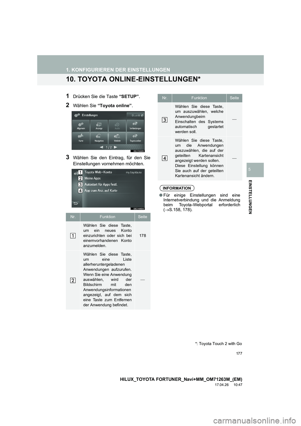 TOYOTA HILUX 2020 Betriebsanleitungen (in German) 177
1. KONFIGURIEREN DER EINSTELLUNGEN
HILUX_TOYOTA FORTUNER_Navi+MM_OM71263M_(EM)
17.04.26 10:47
EINSTELLUNGEN
5
10. TOYOTA ONLINE-EINSTELLUNGEN*
1Drücken Sie die Taste “SETUP”.
2Wählen Si TOYOTA HILUX 2020 Betriebsanleitungen (in German) 177
1. KONFIGURIEREN DER EINSTELLUNGEN
HILUX_TOYOTA FORTUNER_Navi+MM_OM71263M_(EM)
17.04.26 10:47
EINSTELLUNGEN
5
10. TOYOTA ONLINE-EINSTELLUNGEN*
1Drücken Sie die Taste “SETUP”.
2Wählen Si
