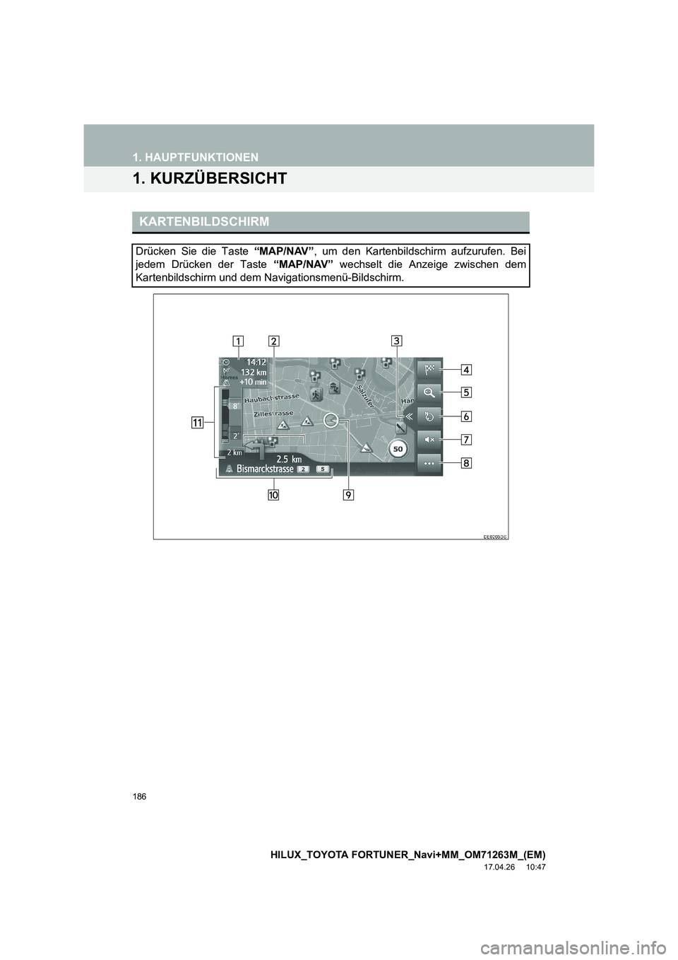 TOYOTA HILUX 2020 Betriebsanleitungen (in German) 186
HILUX_TOYOTA FORTUNER_Navi+MM_OM71263M_(EM)
17.04.26 10:47
1. HAUPTFUNKTIONEN
1. KURZÜBERSICHT
KARTENBILDSCHIRM
Drücken Sie die Taste “MAP/NAV”, um den Kartenbildschirm aufzurufen. Bei
j TOYOTA HILUX 2020 Betriebsanleitungen (in German) 186
HILUX_TOYOTA FORTUNER_Navi+MM_OM71263M_(EM)
17.04.26 10:47
1. HAUPTFUNKTIONEN
1. KURZÜBERSICHT
KARTENBILDSCHIRM
Drücken Sie die Taste “MAP/NAV”, um den Kartenbildschirm aufzurufen. Bei
j