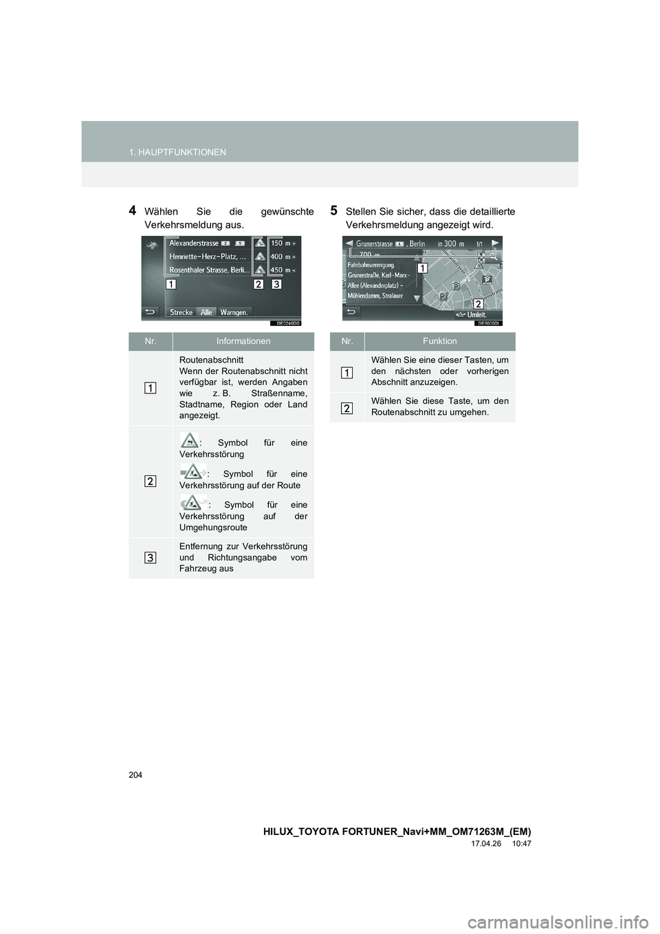 TOYOTA HILUX 2020  Betriebsanleitungen (in German) 204
1. HAUPTFUNKTIONEN
HILUX_TOYOTA FORTUNER_Navi+MM_OM71263M_(EM)
17.04.26     10:47
4Wählen Sie die gewünschte
Verkehrsmeldung aus.5Stellen Sie sicher, dass die detaillierte
Verkehrsmeldung angeze