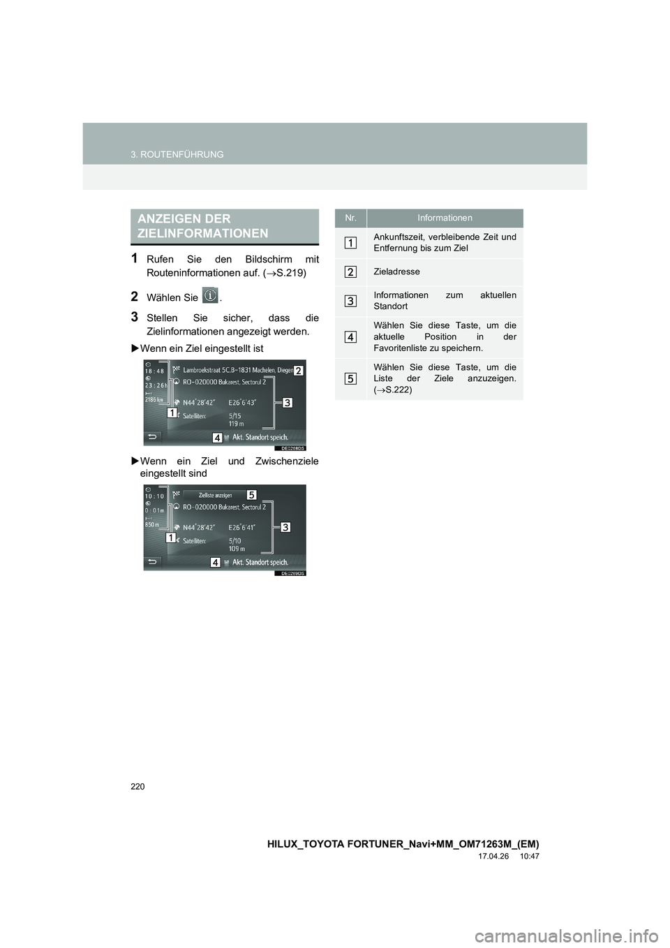 TOYOTA HILUX 2020  Betriebsanleitungen (in German) 220
3. ROUTENFÜHRUNG
HILUX_TOYOTA FORTUNER_Navi+MM_OM71263M_(EM)
17.04.26     10:47
1Rufen Sie den Bildschirm mit
Routeninformationen auf. (→S.219)
2Wählen Sie  .
3Stellen Sie sicher, dass die
Zie