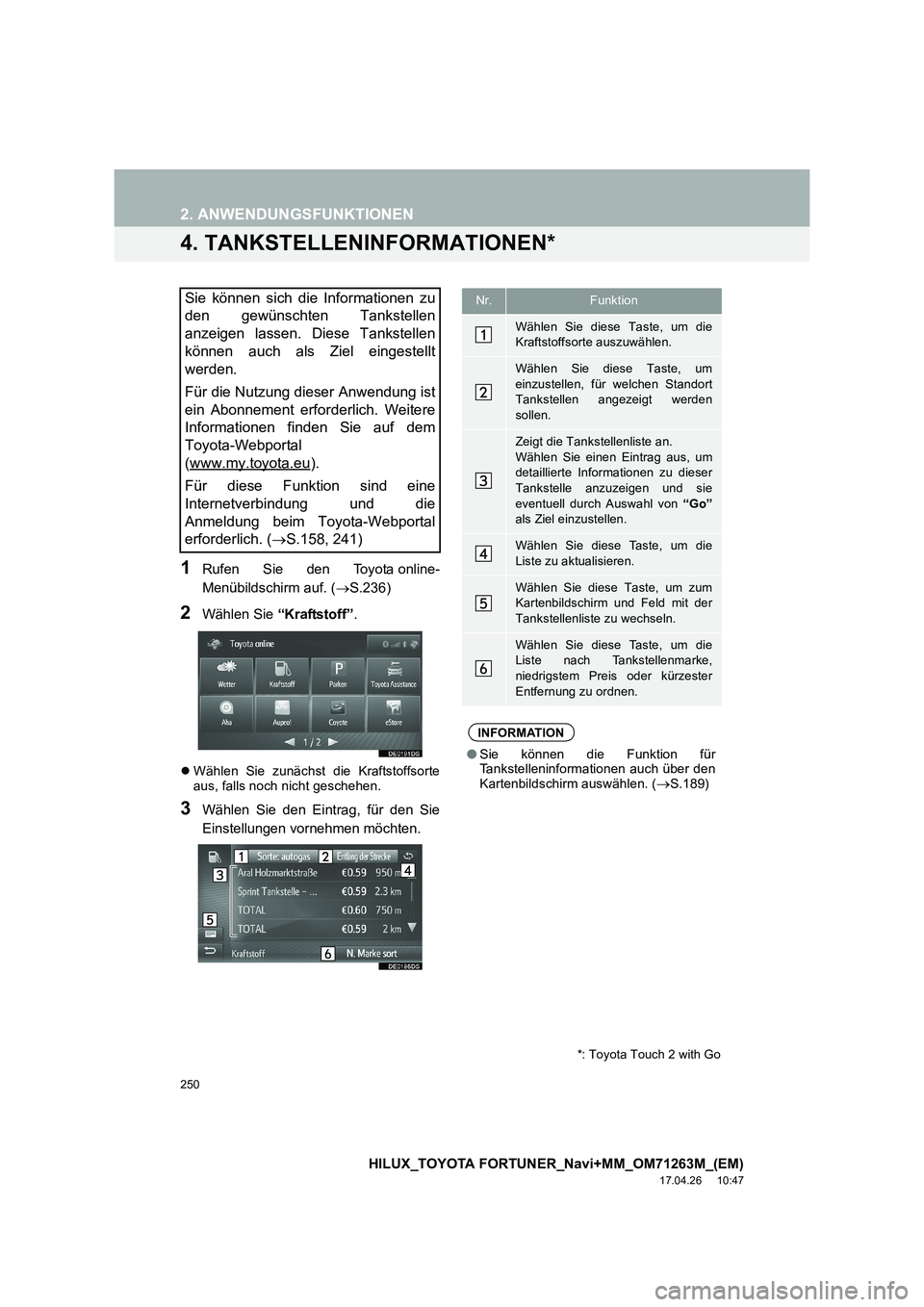 TOYOTA HILUX 2020  Betriebsanleitungen (in German) 250
2. ANWENDUNGSFUNKTIONEN
HILUX_TOYOTA FORTUNER_Navi+MM_OM71263M_(EM)
17.04.26     10:47
4. TANKSTELLENINFORMATIONEN*
1Rufen Sie den Toyota online-
Menübildschirm auf. (→S.236)
2Wählen Sie  “K