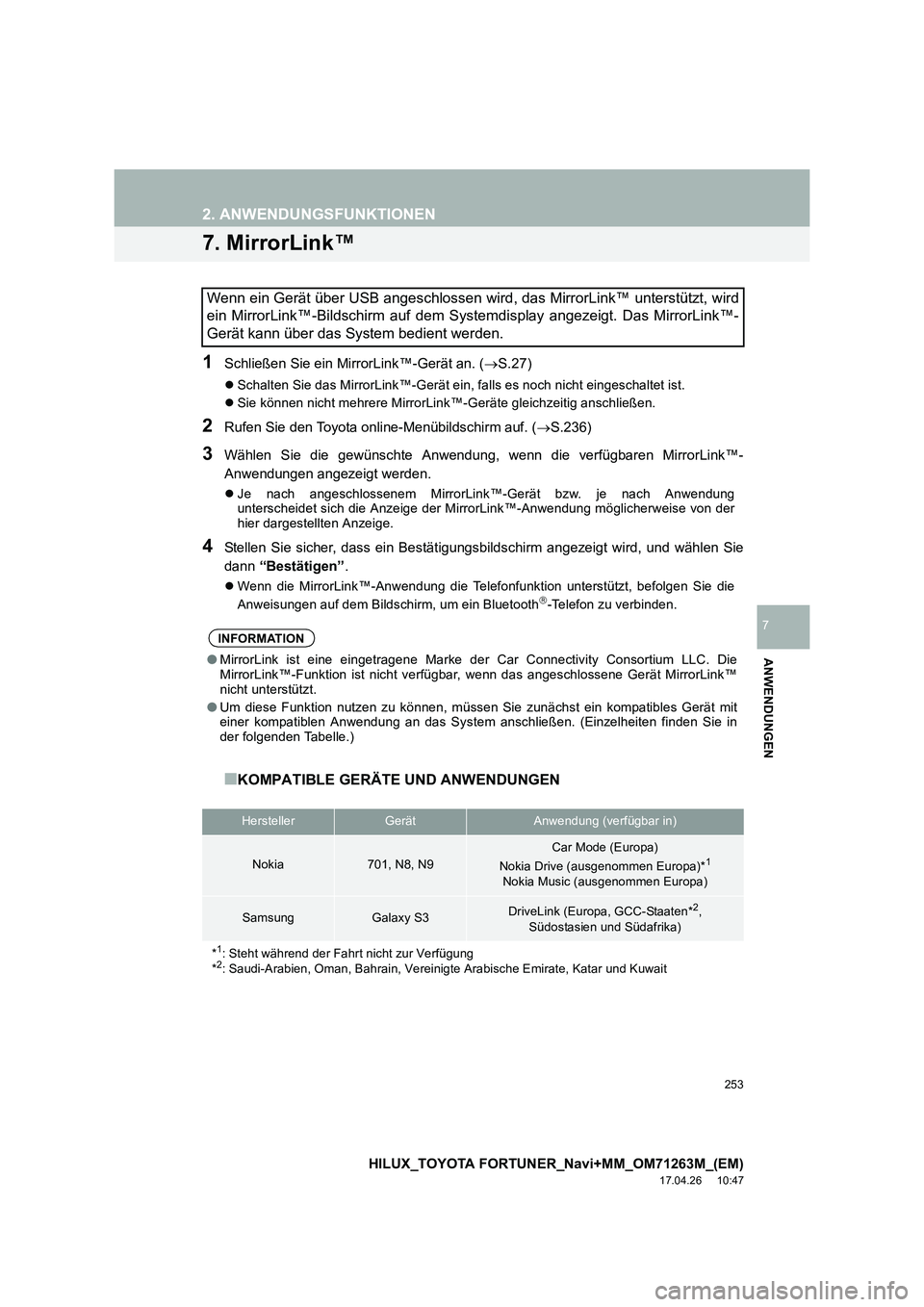 TOYOTA HILUX 2020  Betriebsanleitungen (in German) 253
2. ANWENDUNGSFUNKTIONEN
HILUX_TOYOTA FORTUNER_Navi+MM_OM71263M_(EM)
17.04.26     10:47
ANWENDUNGEN
7
7. MirrorLink™
1Schließen Sie ein MirrorLink™-Gerät an. (→S.27)
�z Schalten Sie das Mir