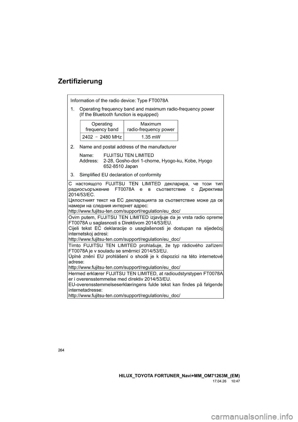 TOYOTA HILUX 2020  Betriebsanleitungen (in German) 264
HILUX_TOYOTA FORTUNER_Navi+MM_OM71263M_(EM)
17.04.26     10:47
Zertifizierung 