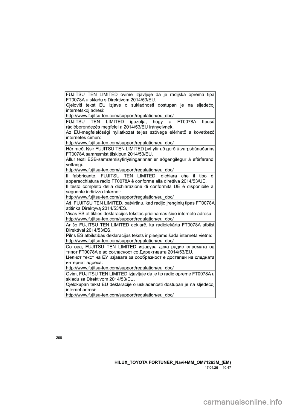 TOYOTA HILUX 2020  Betriebsanleitungen (in German) 266
HILUX_TOYOTA FORTUNER_Navi+MM_OM71263M_(EM)
17.04.26     10:47 