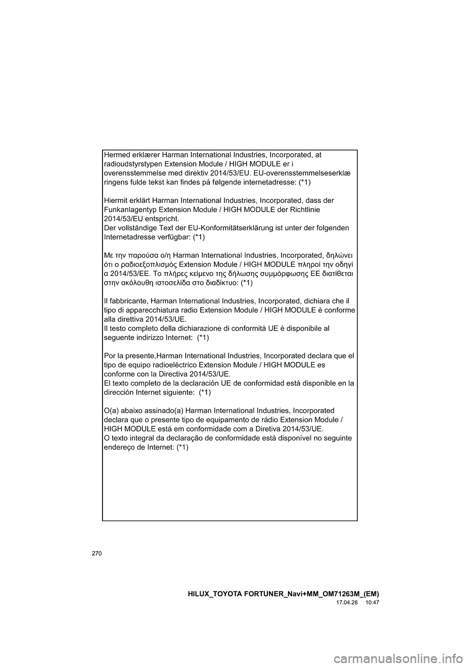 TOYOTA HILUX 2020  Betriebsanleitungen (in German) 270
HILUX_TOYOTA FORTUNER_Navi+MM_OM71263M_(EM)
17.04.26     10:47 