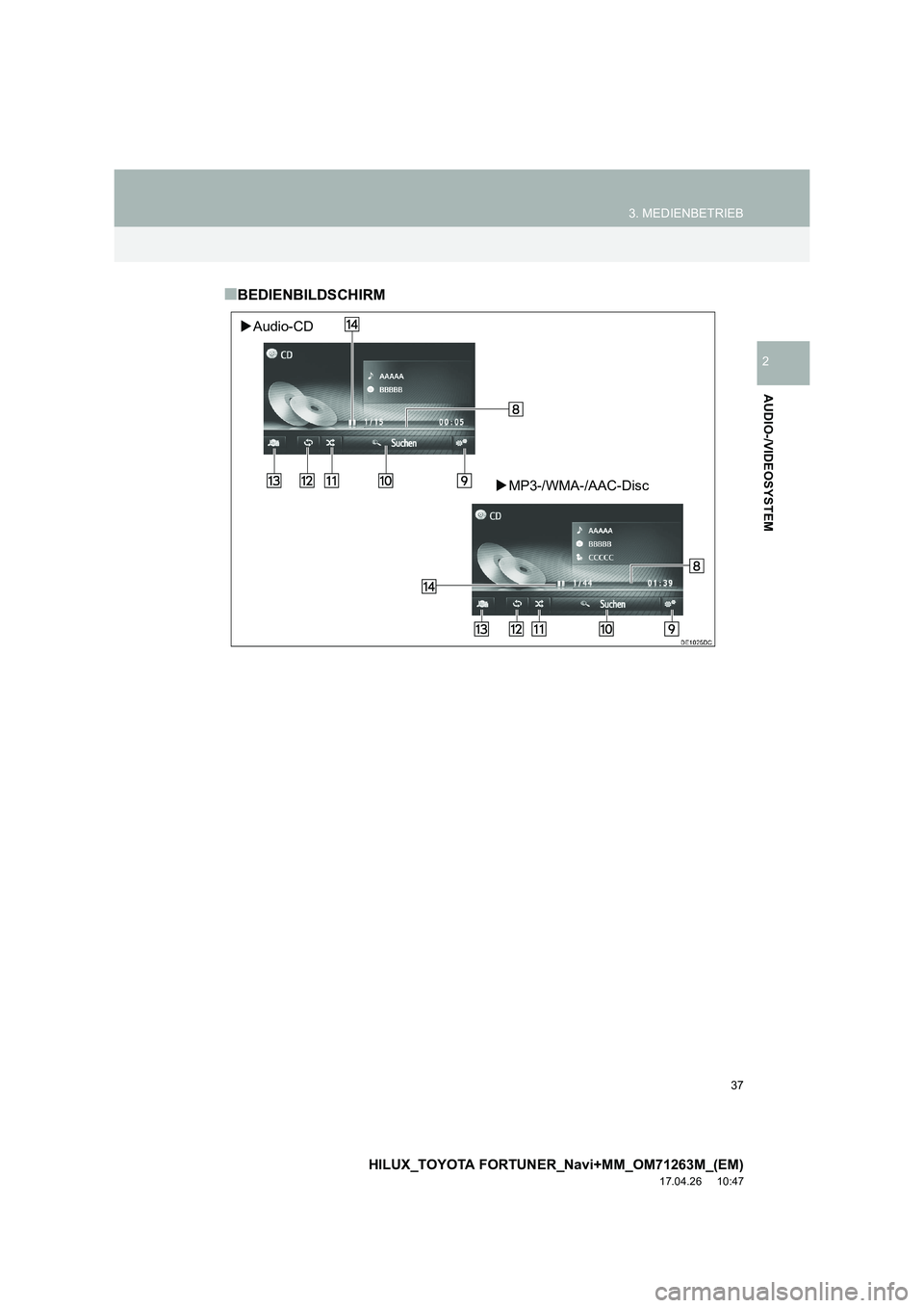 TOYOTA HILUX 2020  Betriebsanleitungen (in German) 37
3. MEDIENBETRIEB
HILUX_TOYOTA FORTUNER_Navi+MM_OM71263M_(EM)
17.04.26     10:47
AUDIO-/VIDEOSYSTEM
2
■BEDIENBILDSCHIRM
�XAudio-CD
�XMP3-/WMA-/AAC-Disc 