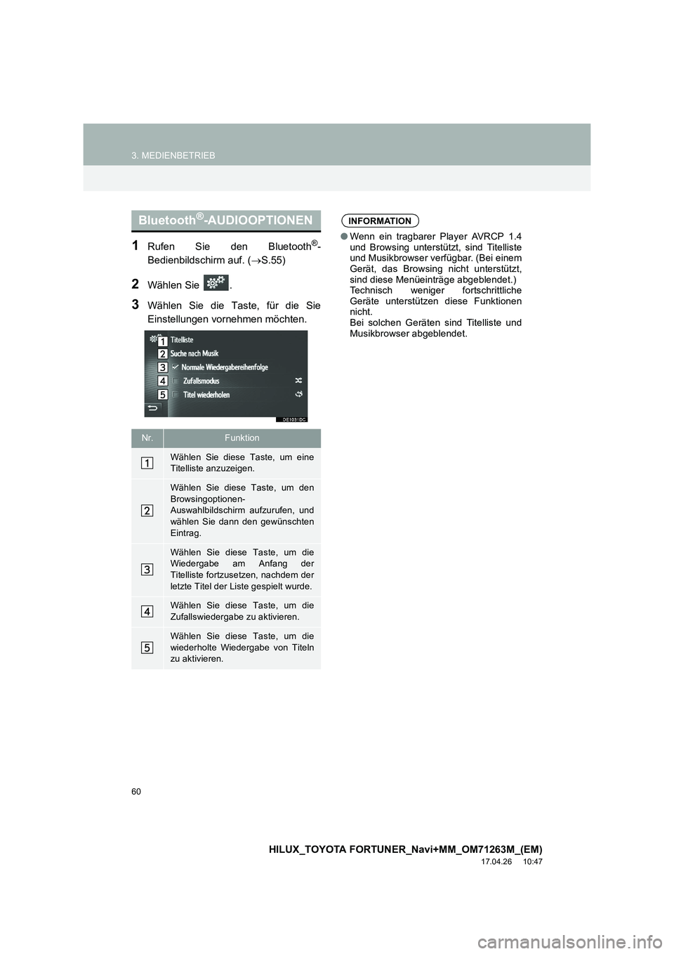 TOYOTA HILUX 2020  Betriebsanleitungen (in German) 60
3. MEDIENBETRIEB
HILUX_TOYOTA FORTUNER_Navi+MM_OM71263M_(EM)
17.04.26     10:47
1Rufen Sie den Bluetooth®-
Bedienbildschirm auf. ( →S.55)
2Wählen Sie  .
3Wählen Sie die Taste, für die Sie
Ein