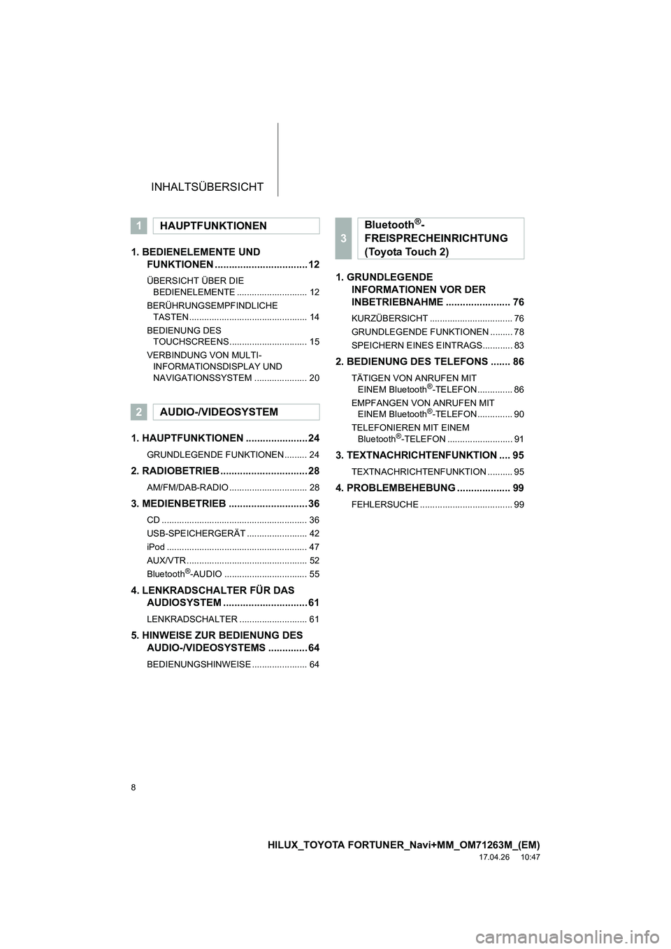 TOYOTA HILUX 2020 Betriebsanleitungen (in German) INHALTSÜBERSICHT
8
HILUX_TOYOTA FORTUNER_Navi+MM_OM71263M_(EM)
17.04.26 10:47
1. BEDIENELEMENTE UND FUNKTIONEN ................................. 12
ÜBERSICHT ÜBER DIE
BEDIENELEMENTE .......... TOYOTA HILUX 2020 Betriebsanleitungen (in German) INHALTSÜBERSICHT
8
HILUX_TOYOTA FORTUNER_Navi+MM_OM71263M_(EM)
17.04.26 10:47
1. BEDIENELEMENTE UND FUNKTIONEN ................................. 12
ÜBERSICHT ÜBER DIE
BEDIENELEMENTE ..........