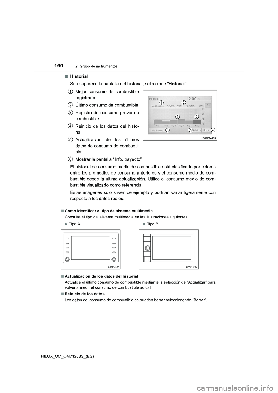 TOYOTA HILUX 2020 Manuale de Empleo (in Spanish) 1602. Grupo de instrumentos
HILUX_OM_OM71283S_(ES)■
Historial
Si no aparece la pantalla del historial, seleccione “Historial”.
Mejor consumo de combustible
registrado
Último consumo de combusti TOYOTA HILUX 2020 Manuale de Empleo (in Spanish) 1602. Grupo de instrumentos
HILUX_OM_OM71283S_(ES)■
Historial
Si no aparece la pantalla del historial, seleccione “Historial”.
Mejor consumo de combustible
registrado
Último consumo de combusti
