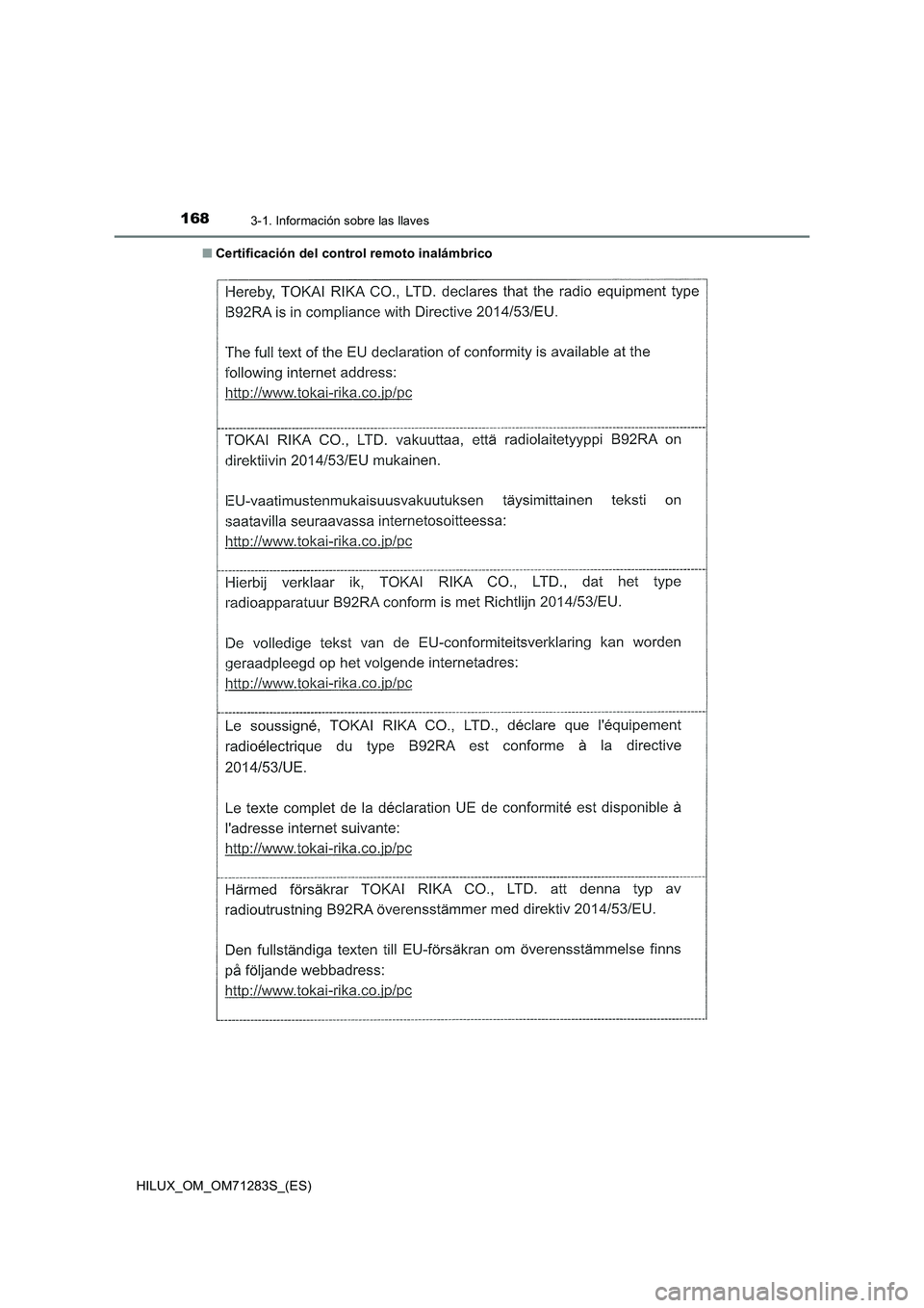 TOYOTA HILUX 2020  Manuale de Empleo (in Spanish) 1683-1. Información sobre las llaves
HILUX_OM_OM71283S_(ES)■Certificación del control remoto inalámbrico 